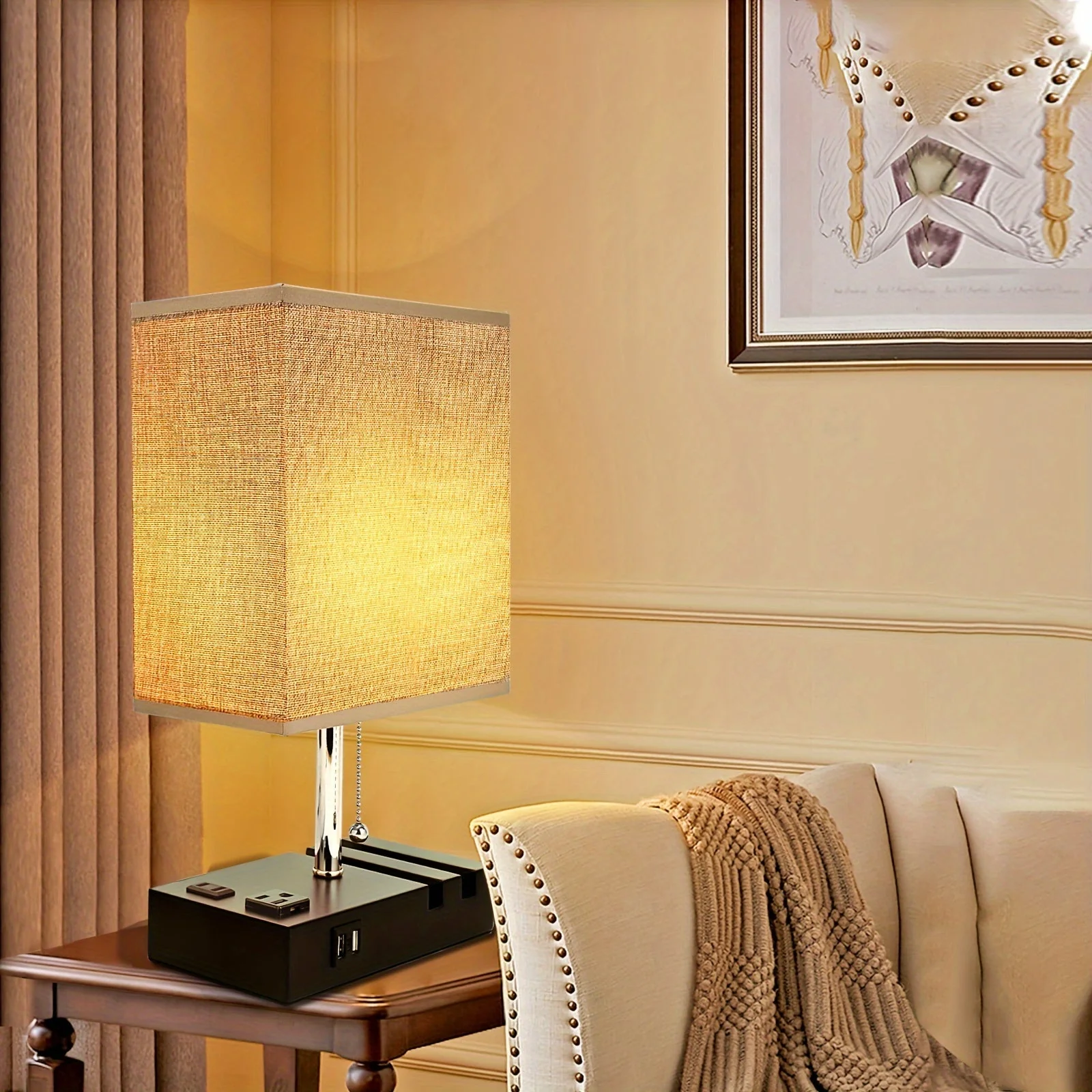 USB Table Lamp with AC Outlet – 3 Color Bedside Lamp with Fabric Shade & Bulb - Image 9