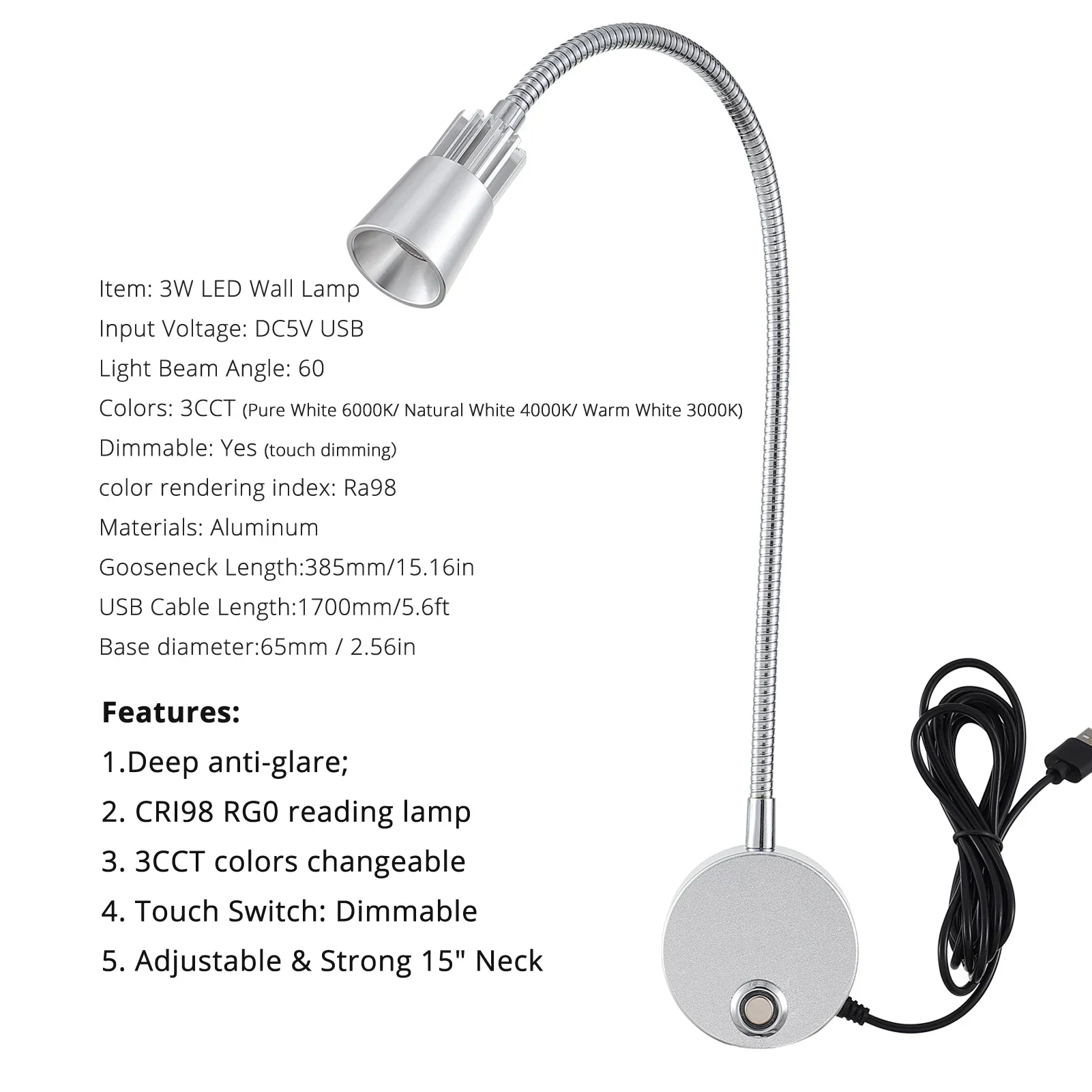 USB Wall Reading Lamp Dimmable Gooseneck Bedside Light 3CCT CRI98 - Image 3