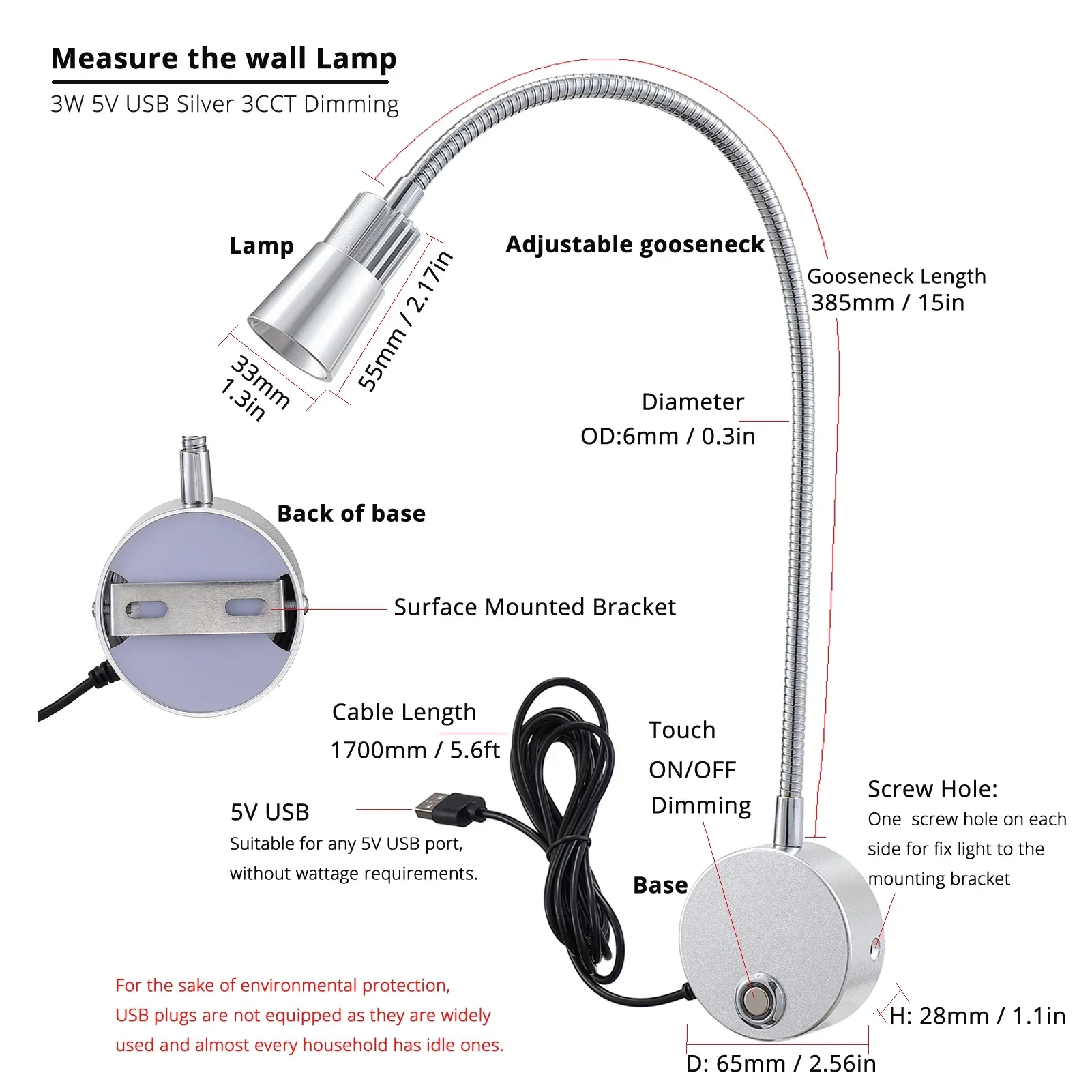 USB Wall Reading Lamp Dimmable Gooseneck Bedside Light 3CCT CRI98 - Image 4