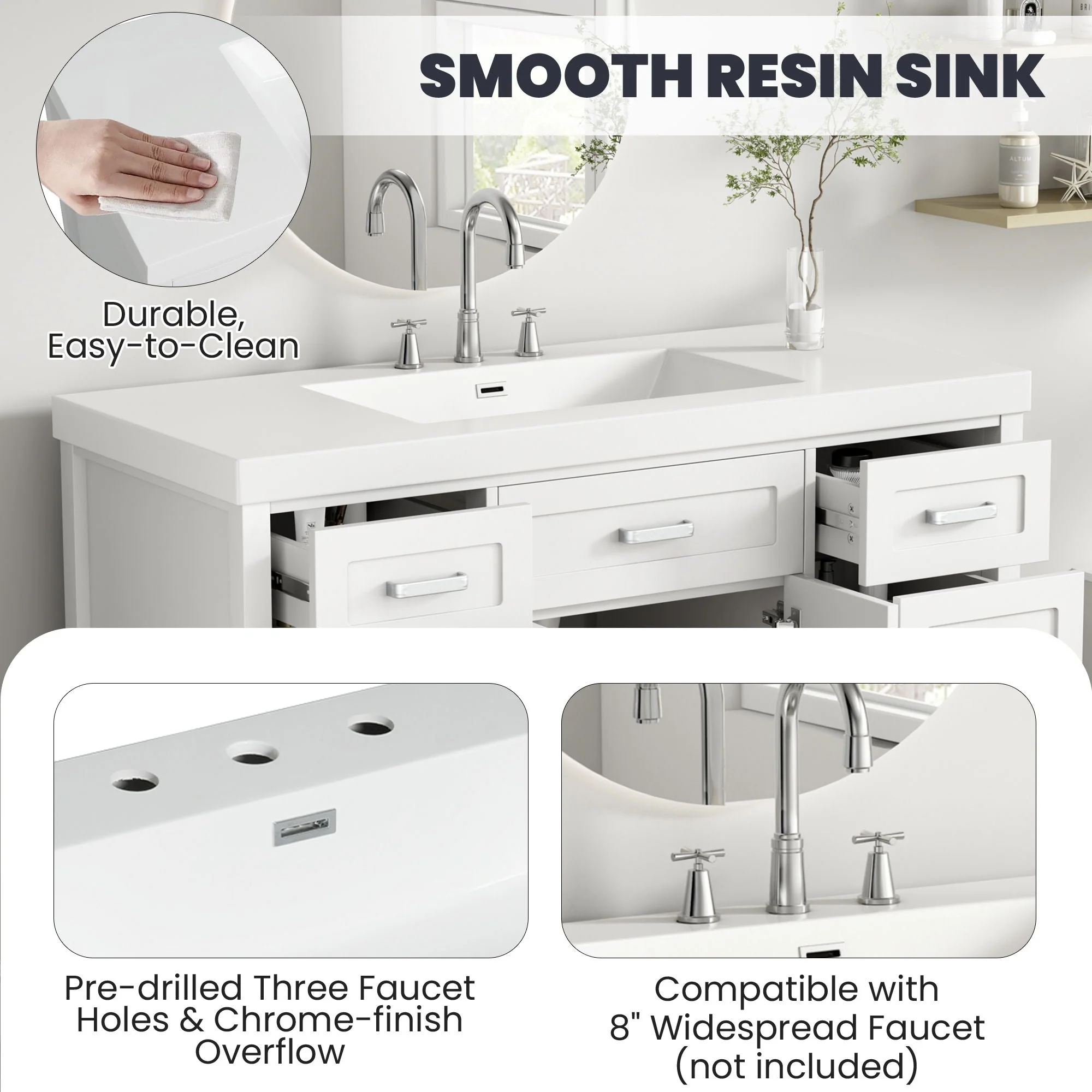 Vanity Top With 3 Faucet Holes, Rectangular Basin For Bathroom - White - Image 2