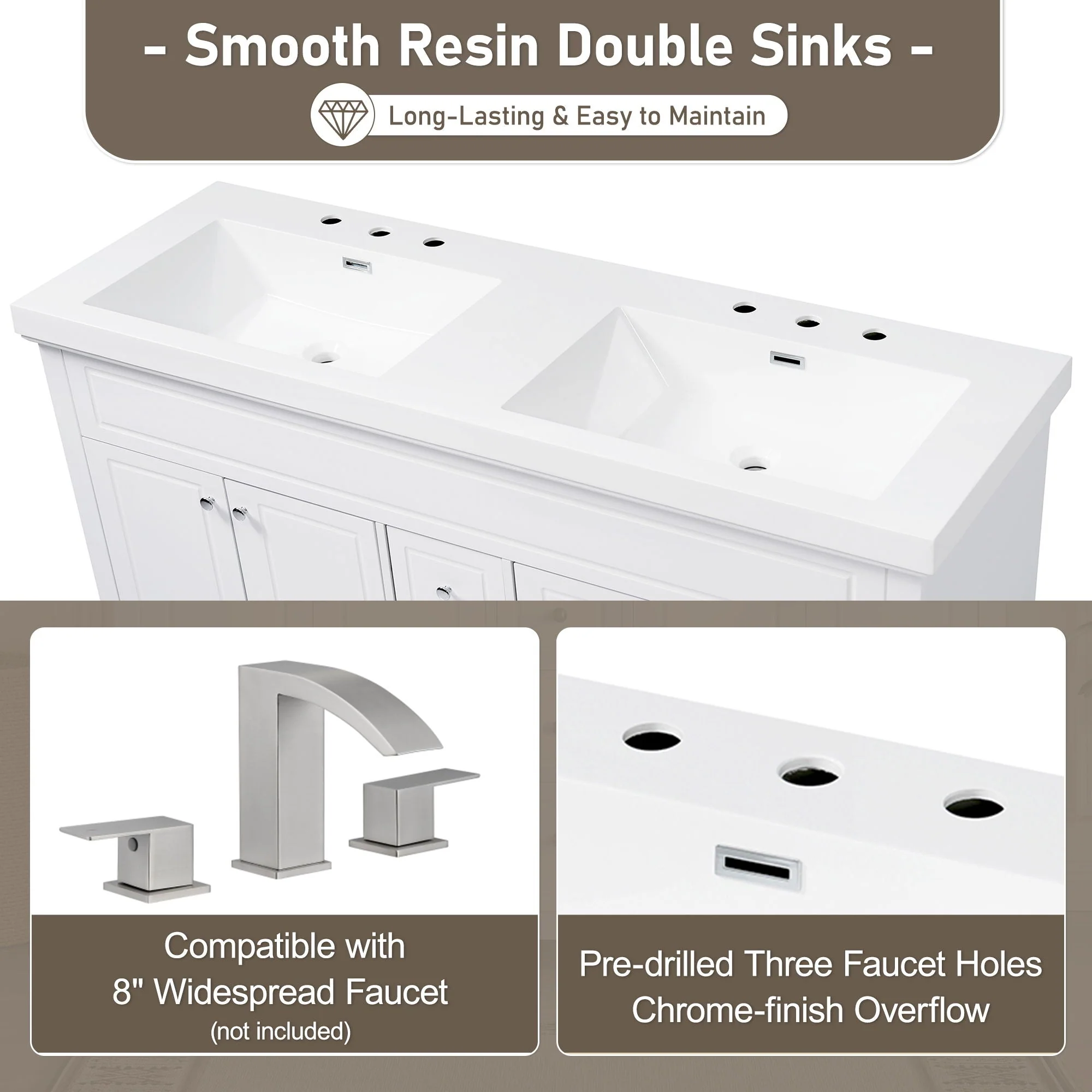 Vanity Top With Undermount Rectangular Double Sinks, Faucet Holes - White - Image 3