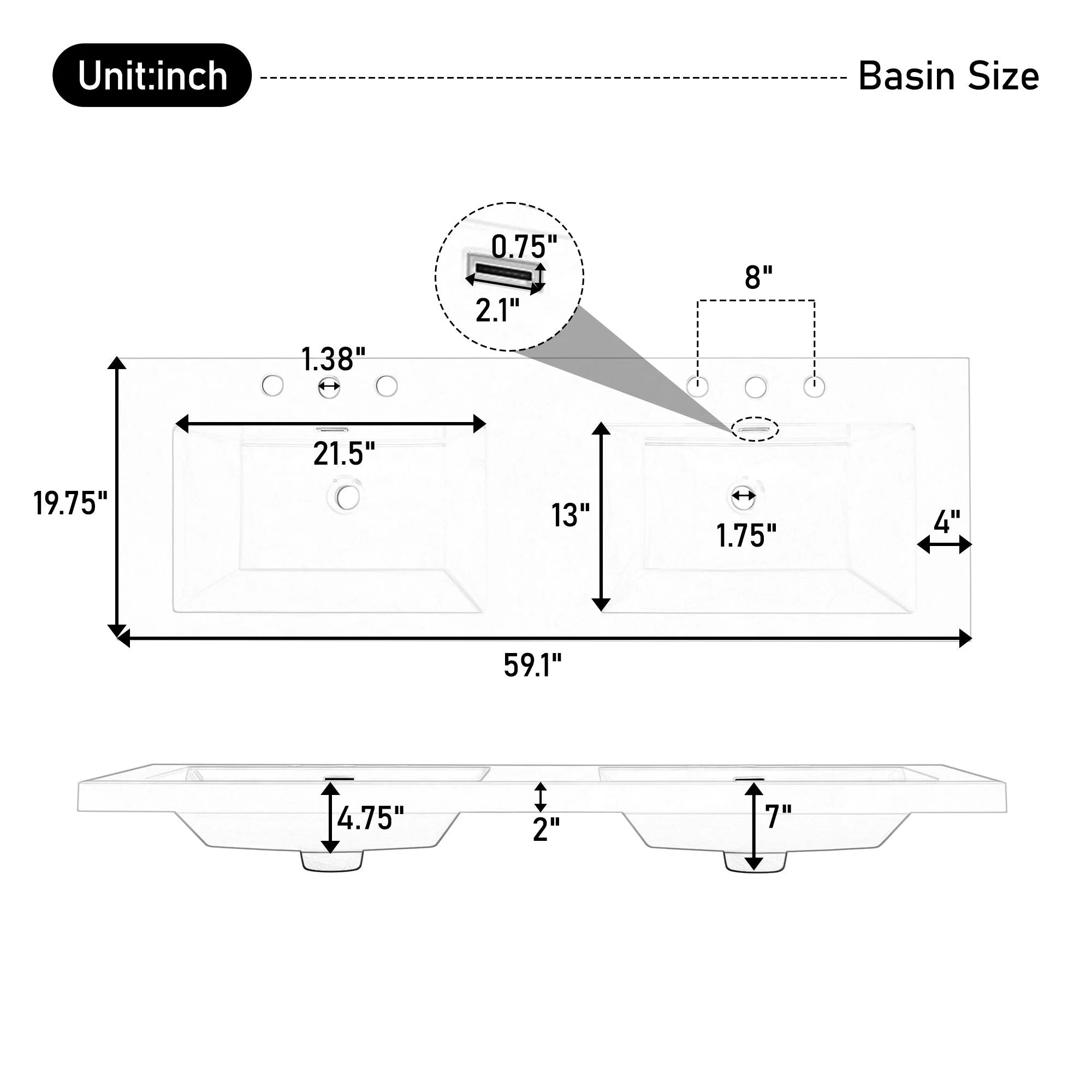 Vanity Top With Undermount Rectangular Double Sinks, Faucet Holes - White - Image 4