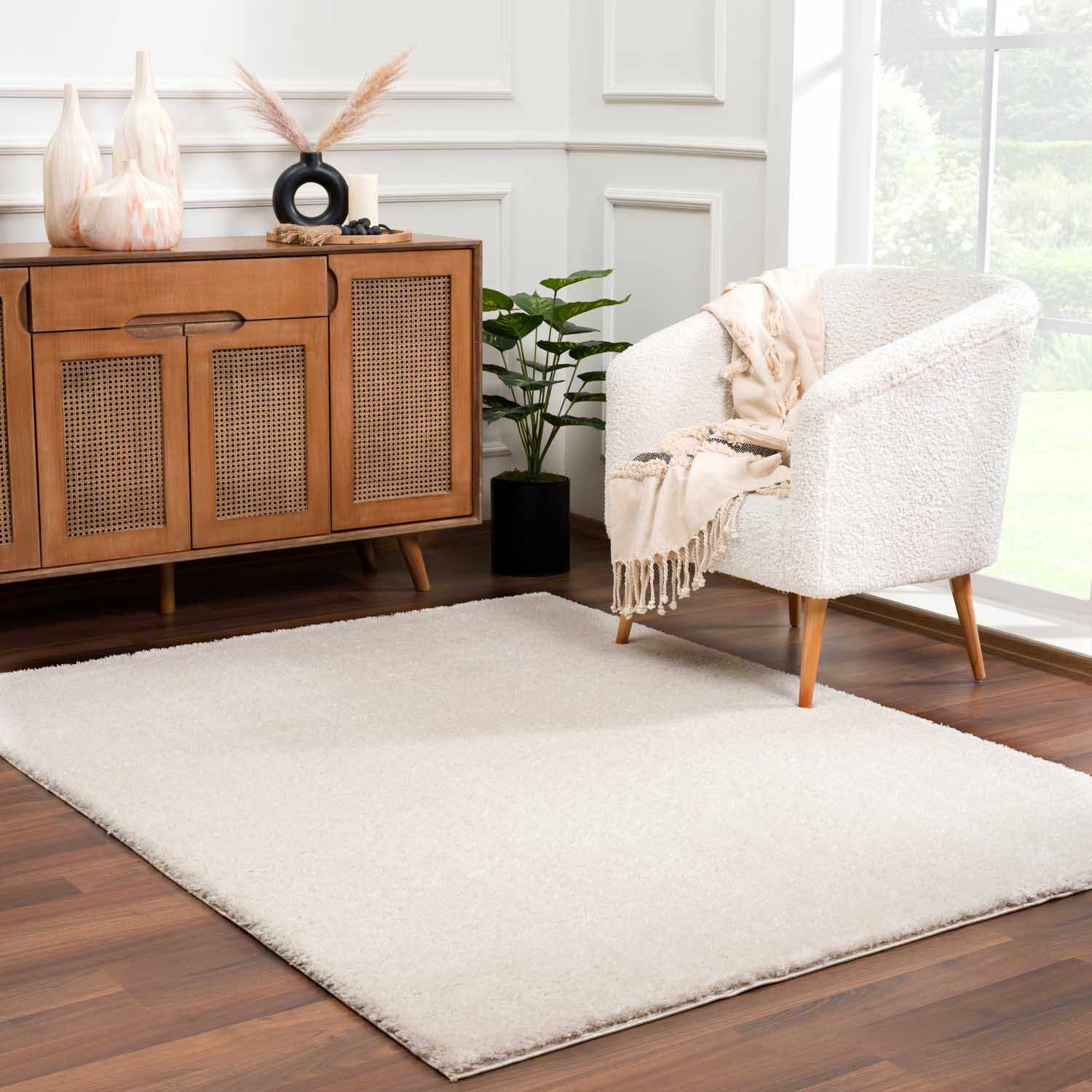Velora Light Beige Wavy Abstract Modern Minimalist Polyester Machine Woven Area Rug - Image 3