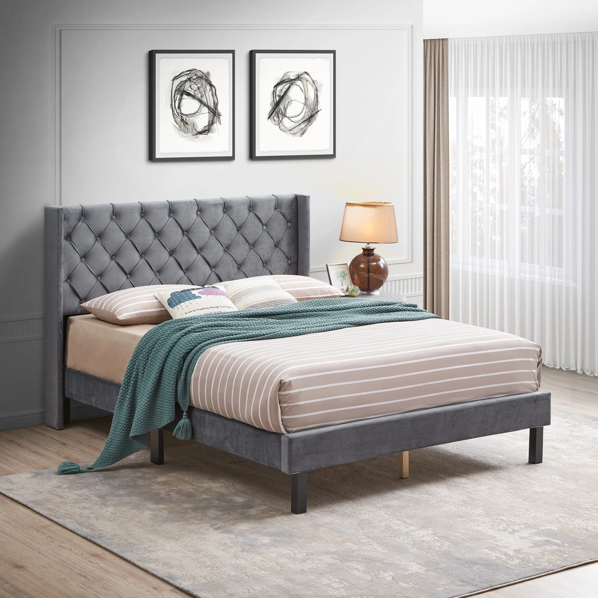 Velvet Button Tufted Upholstered Bed with Wings Design - Queen - Image 2