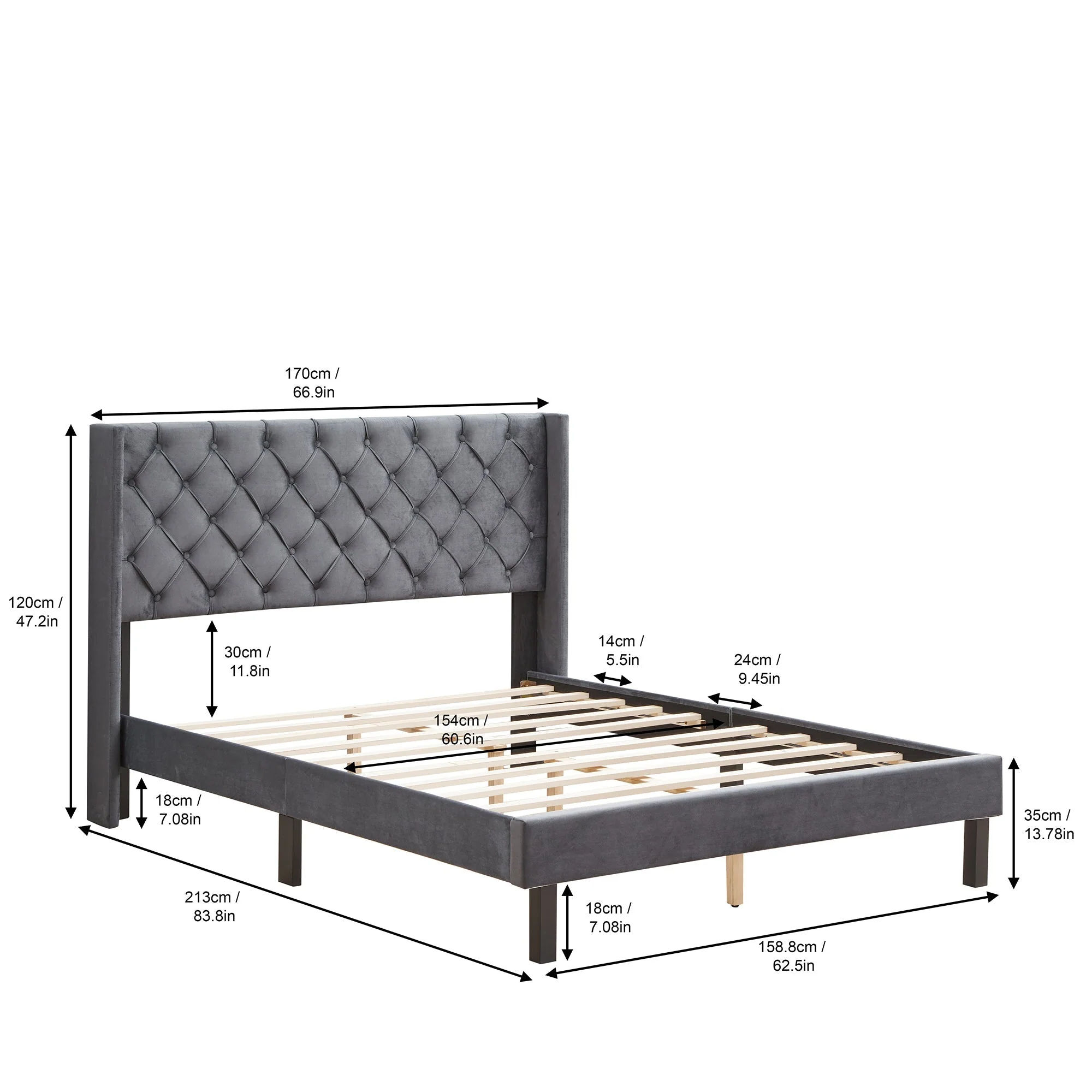 Velvet Button Tufted Upholstered Bed with Wings Design - Queen - Image 3