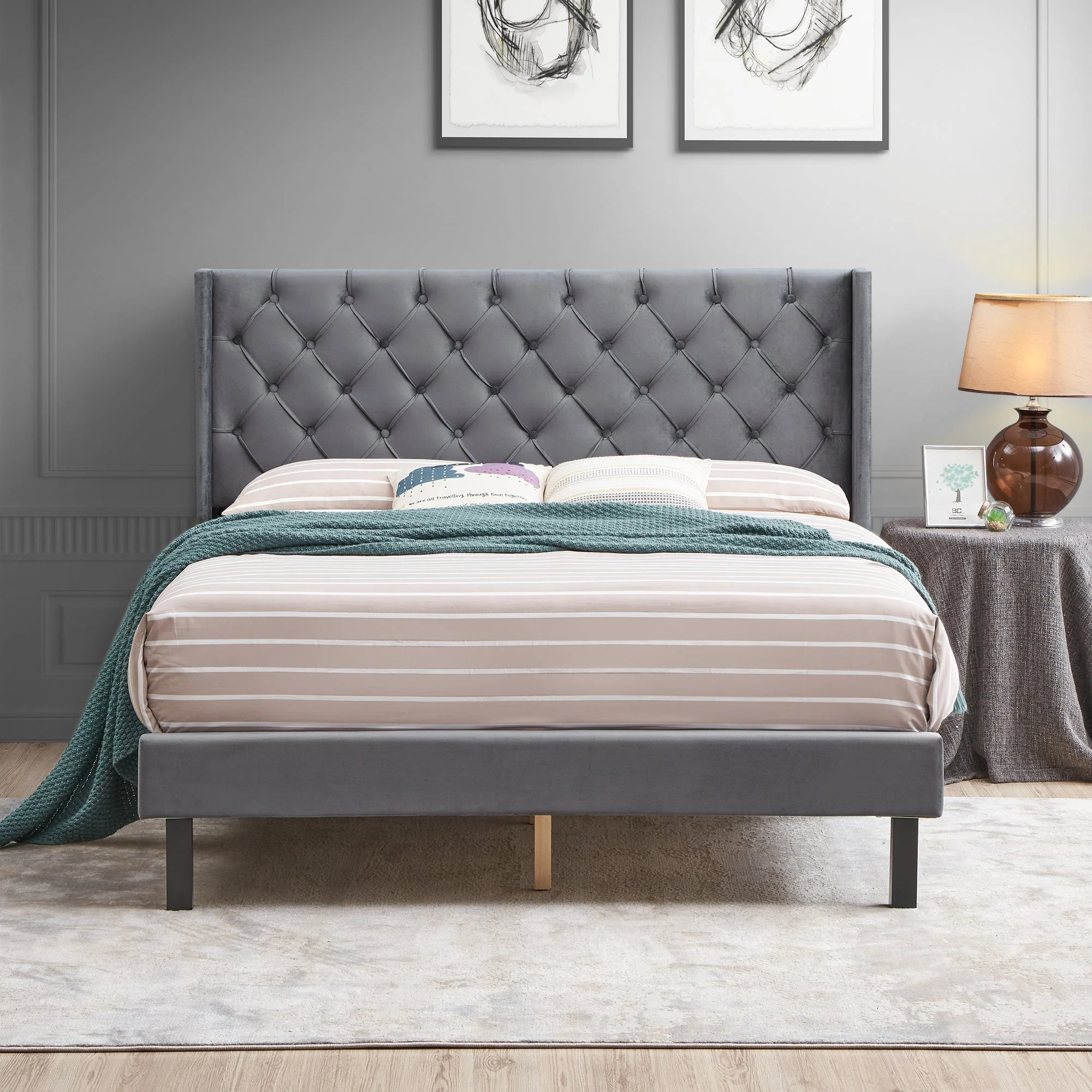 Velvet Button Tufted Upholstered Bed with Wings Design - Queen - Image 4