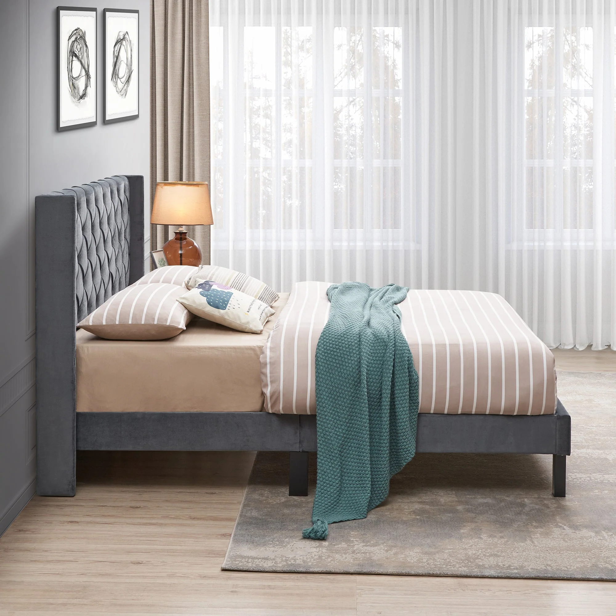 Velvet Button Tufted Upholstered Bed with Wings Design - Queen - Image 5
