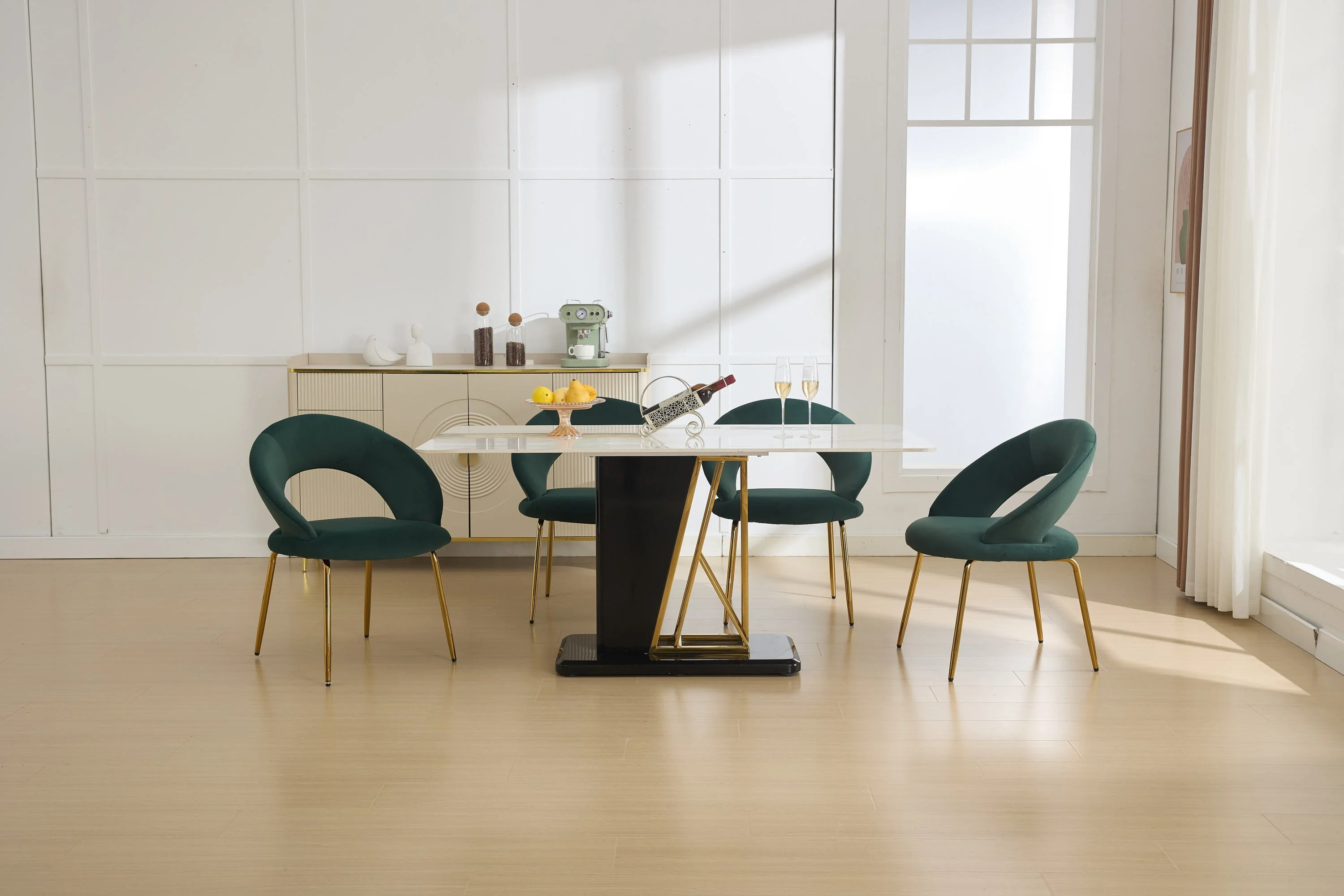 Velvet Fabric Dining Chair with Curved Backrest and Golden Metal Legs - Image 10