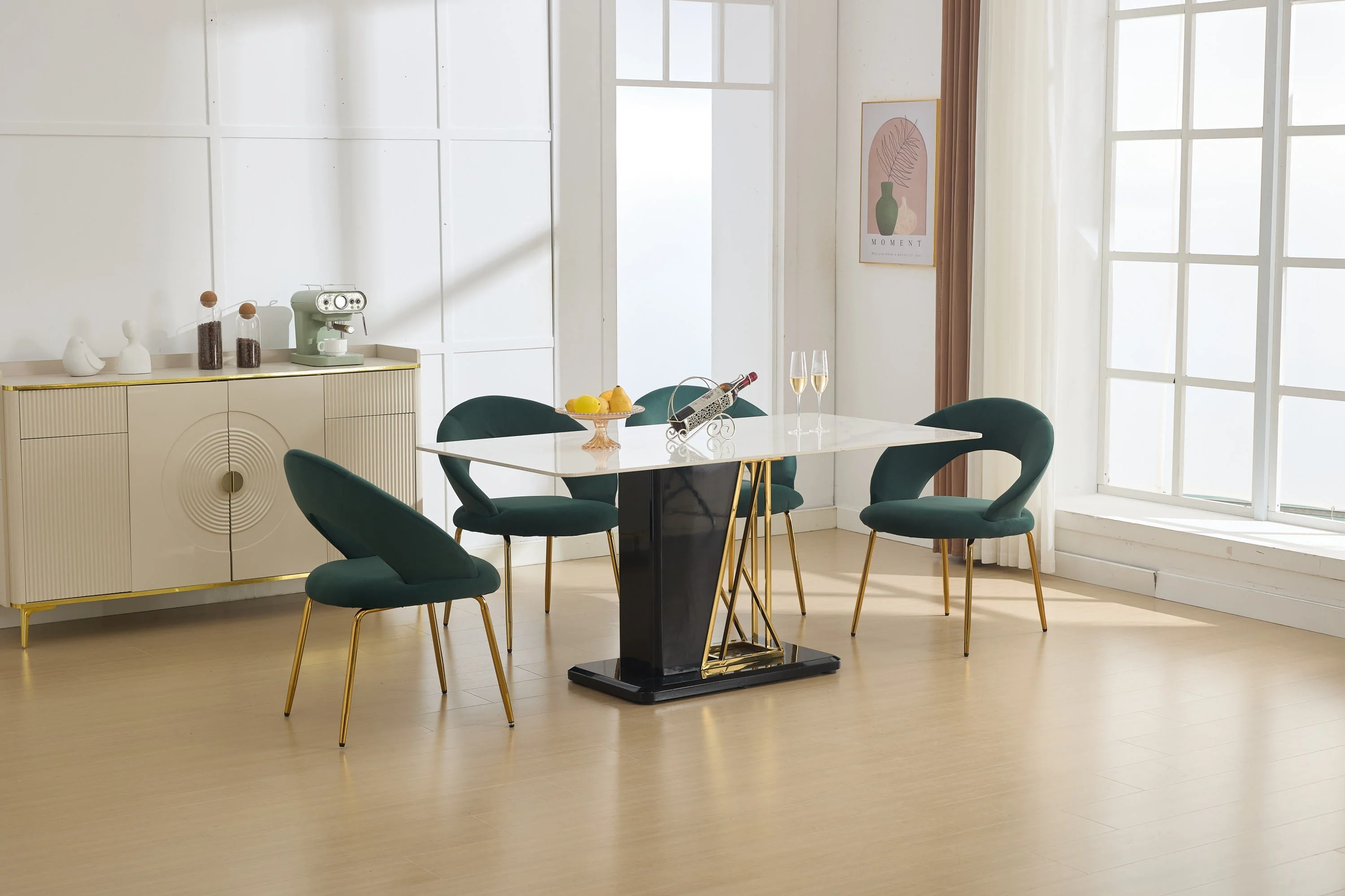 Velvet Fabric Dining Chair with Curved Backrest and Golden Metal Legs - Image 13