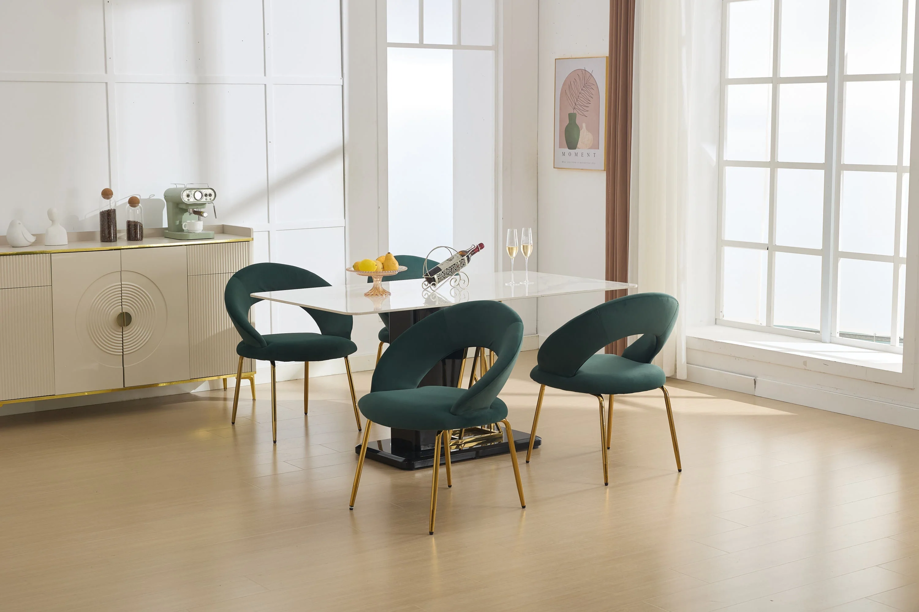 Velvet Fabric Dining Chair with Curved Backrest and Golden Metal Legs - Image 14