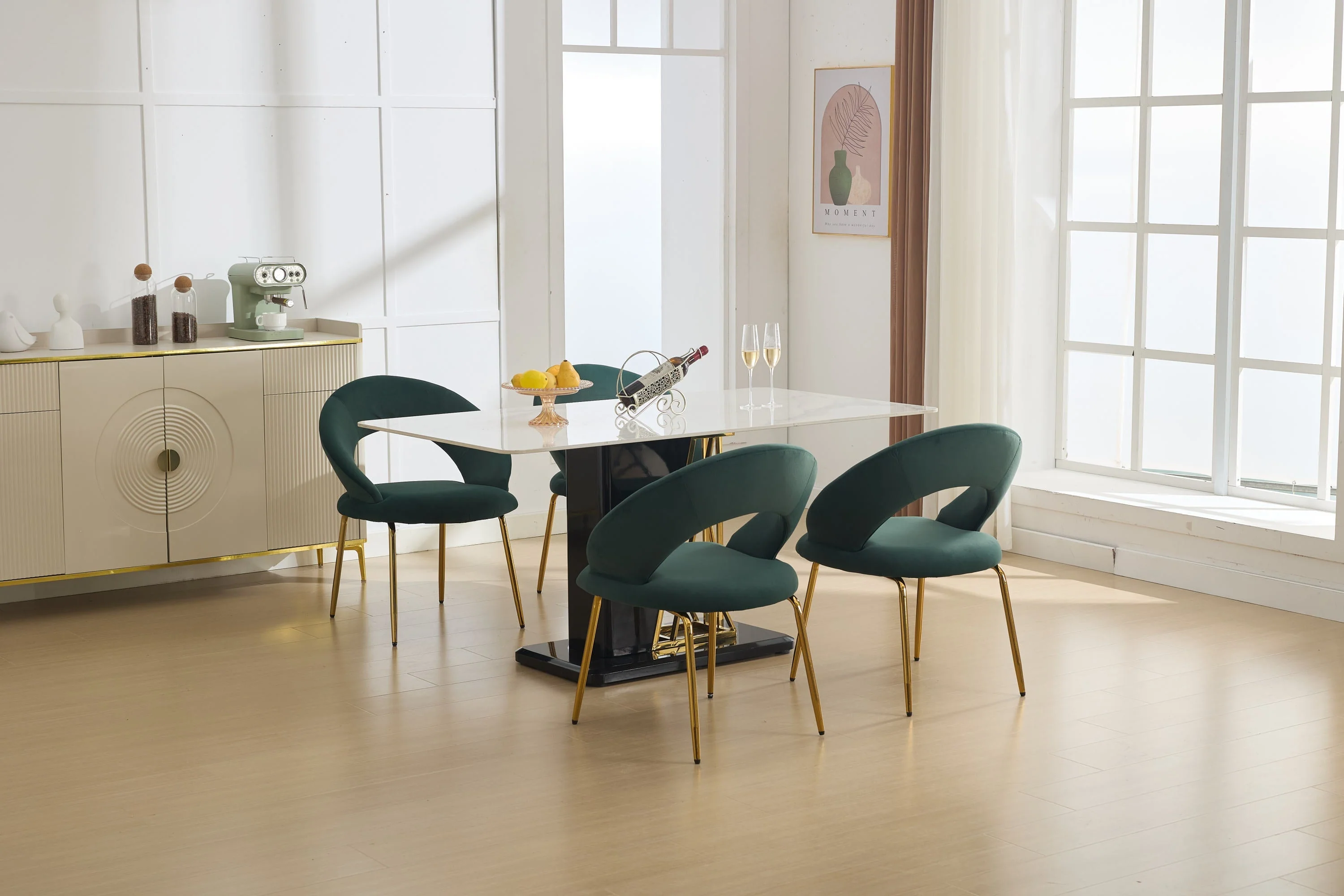 Velvet Fabric Dining Chair with Curved Backrest and Golden Metal Legs - Image 15