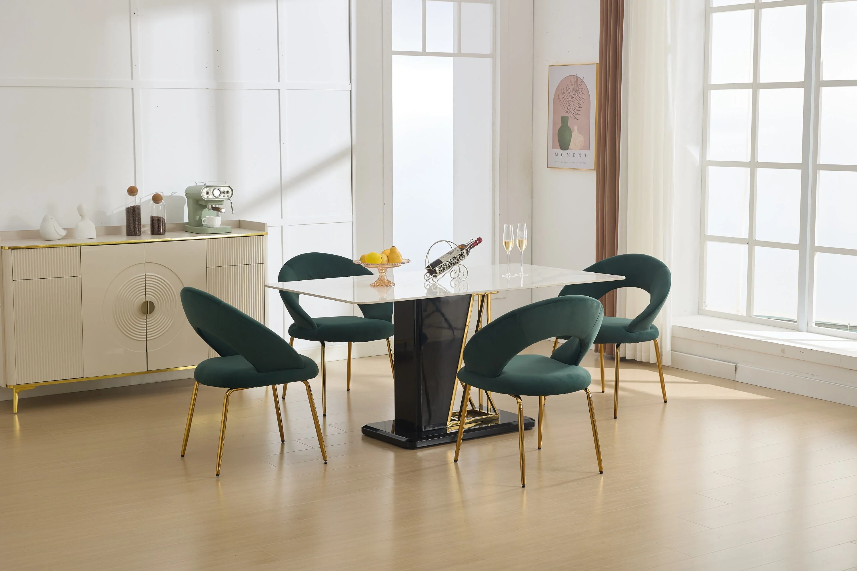 Velvet Fabric Dining Chair with Curved Backrest and Golden Metal Legs - Image 16