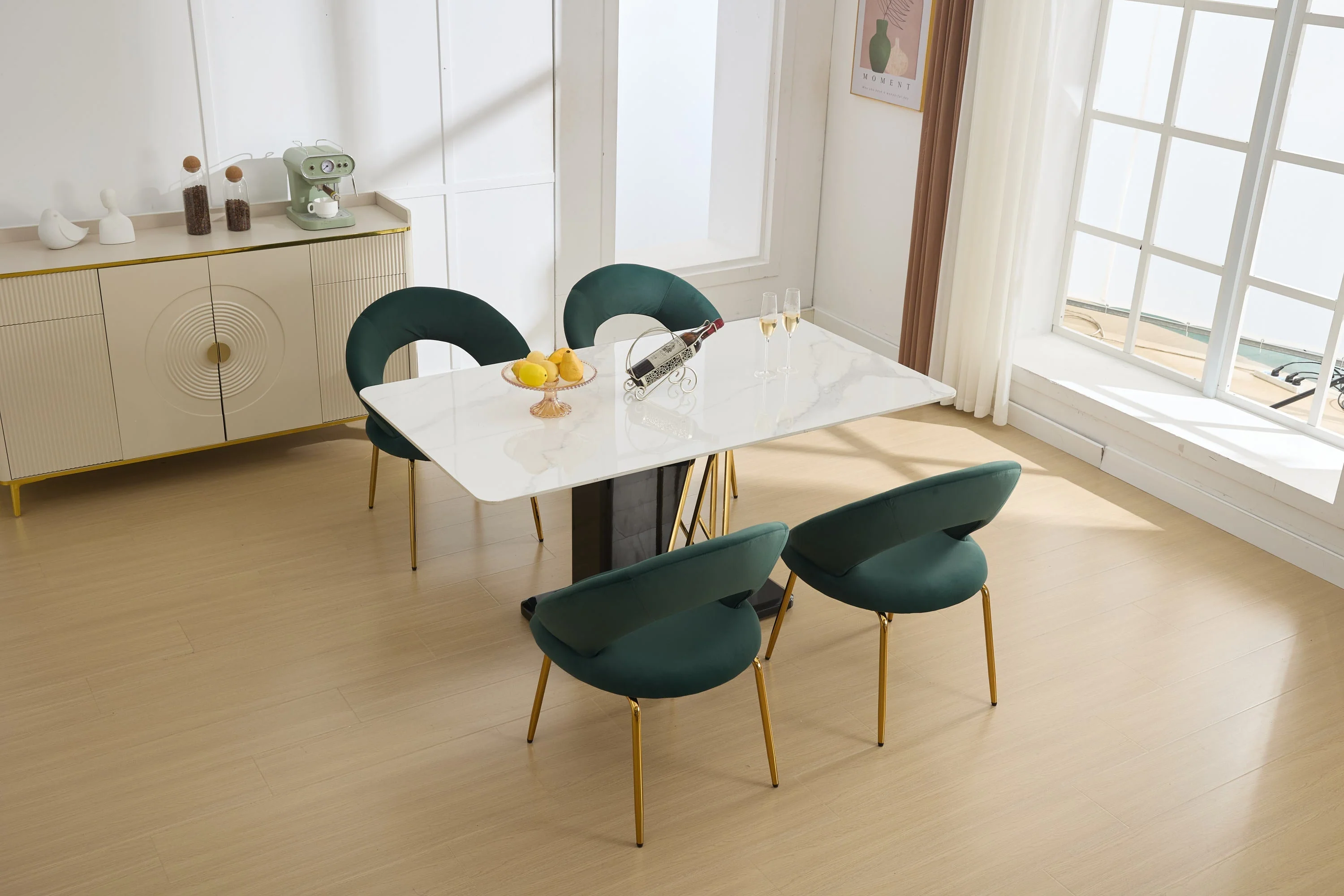Velvet Fabric Dining Chair with Curved Backrest and Golden Metal Legs - Image 17