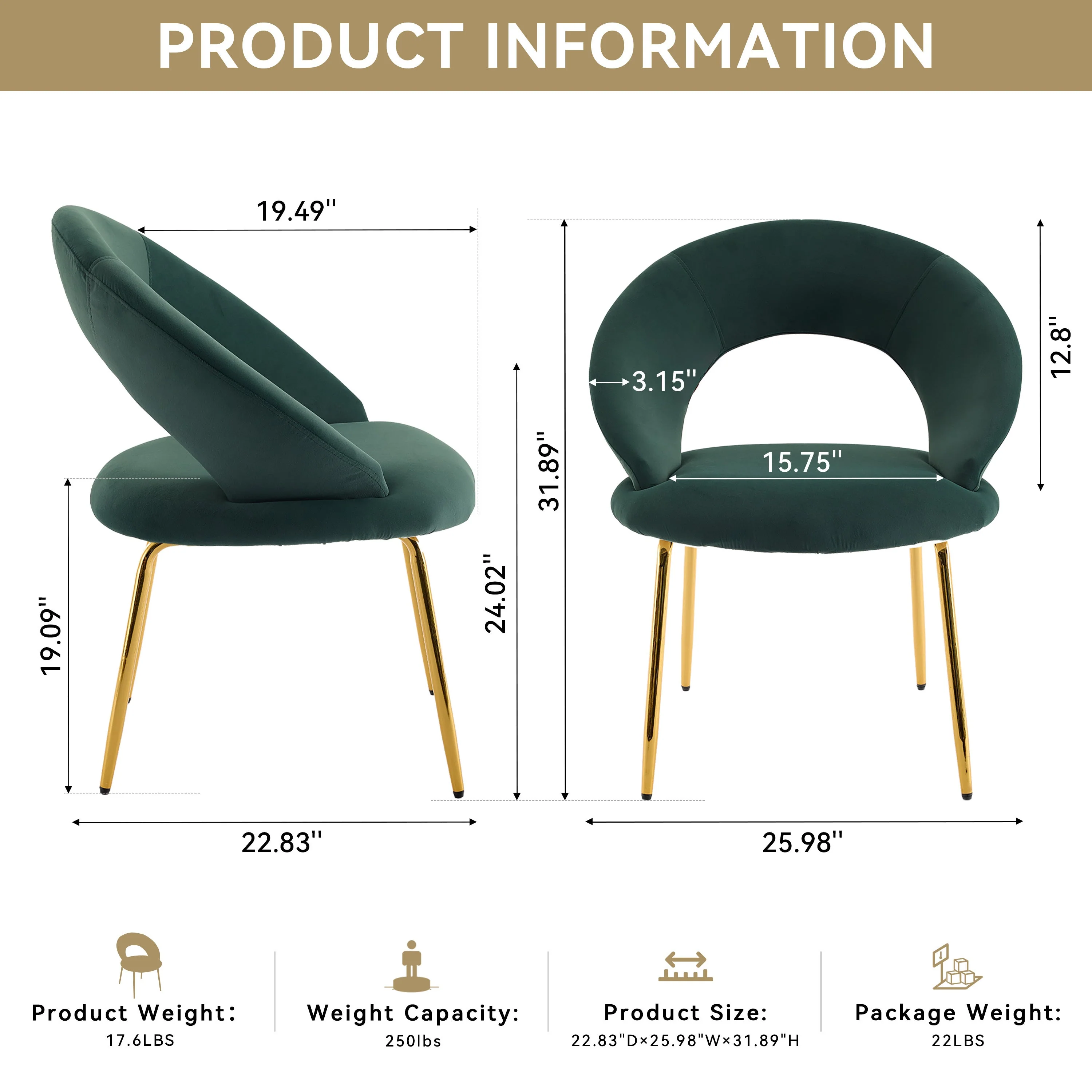 Velvet Fabric Dining Chair with Curved Backrest and Golden Metal Legs - Image 2