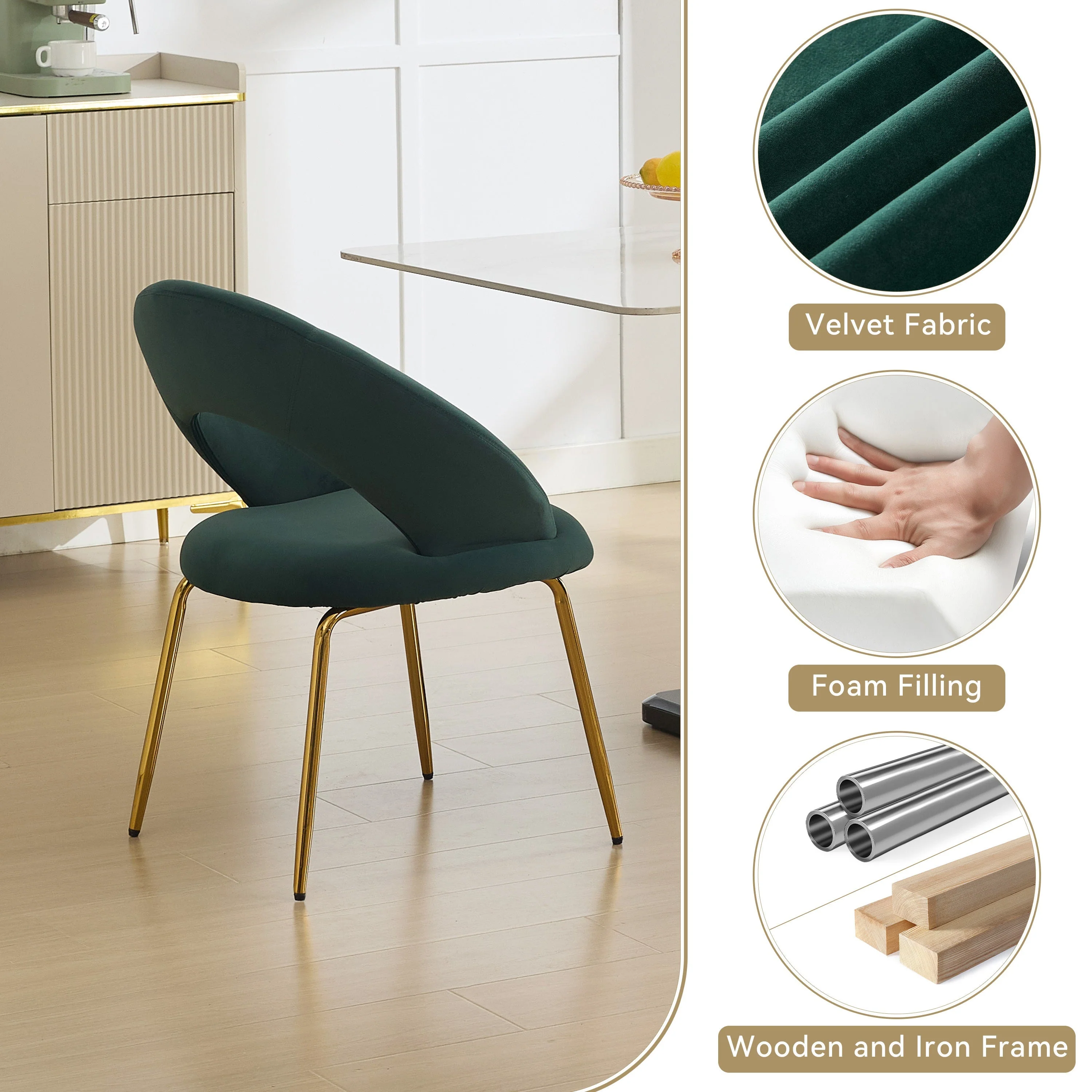 Velvet Fabric Dining Chair with Curved Backrest and Golden Metal Legs - Image 3