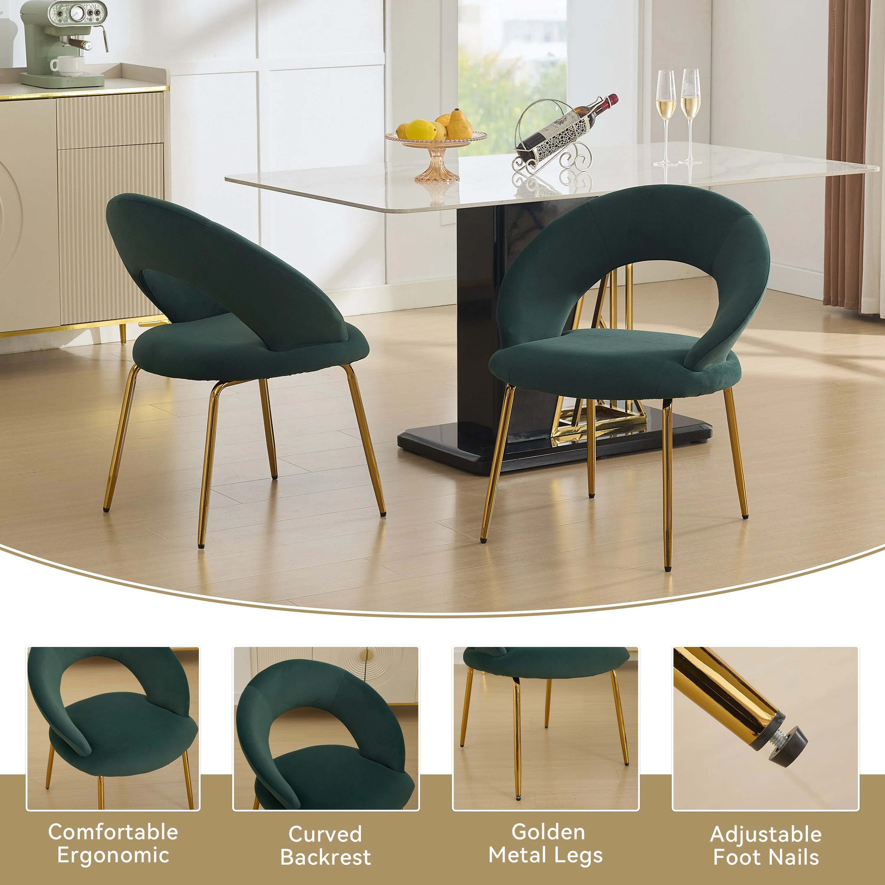 Velvet Fabric Dining Chair with Curved Backrest and Golden Metal Legs - Image 4
