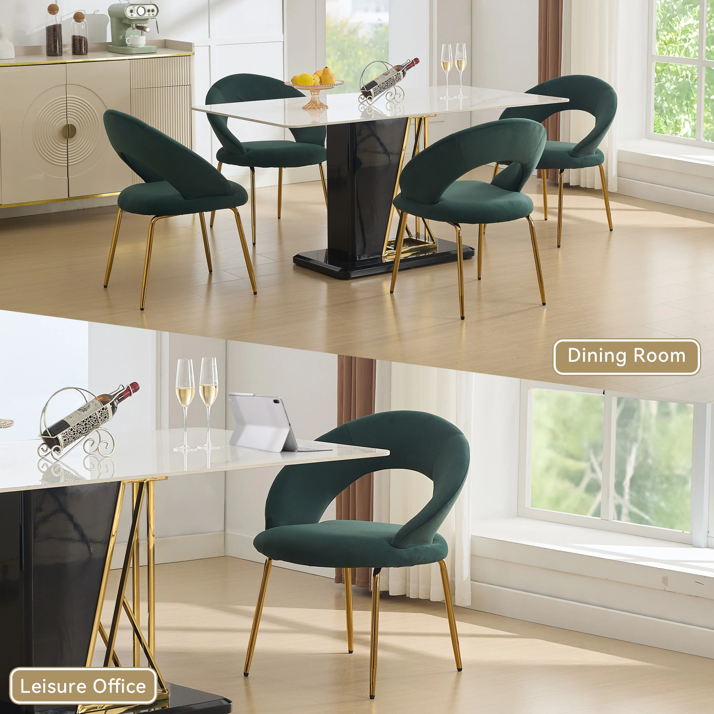 Velvet Fabric Dining Chair with Curved Backrest and Golden Metal Legs - Image 5
