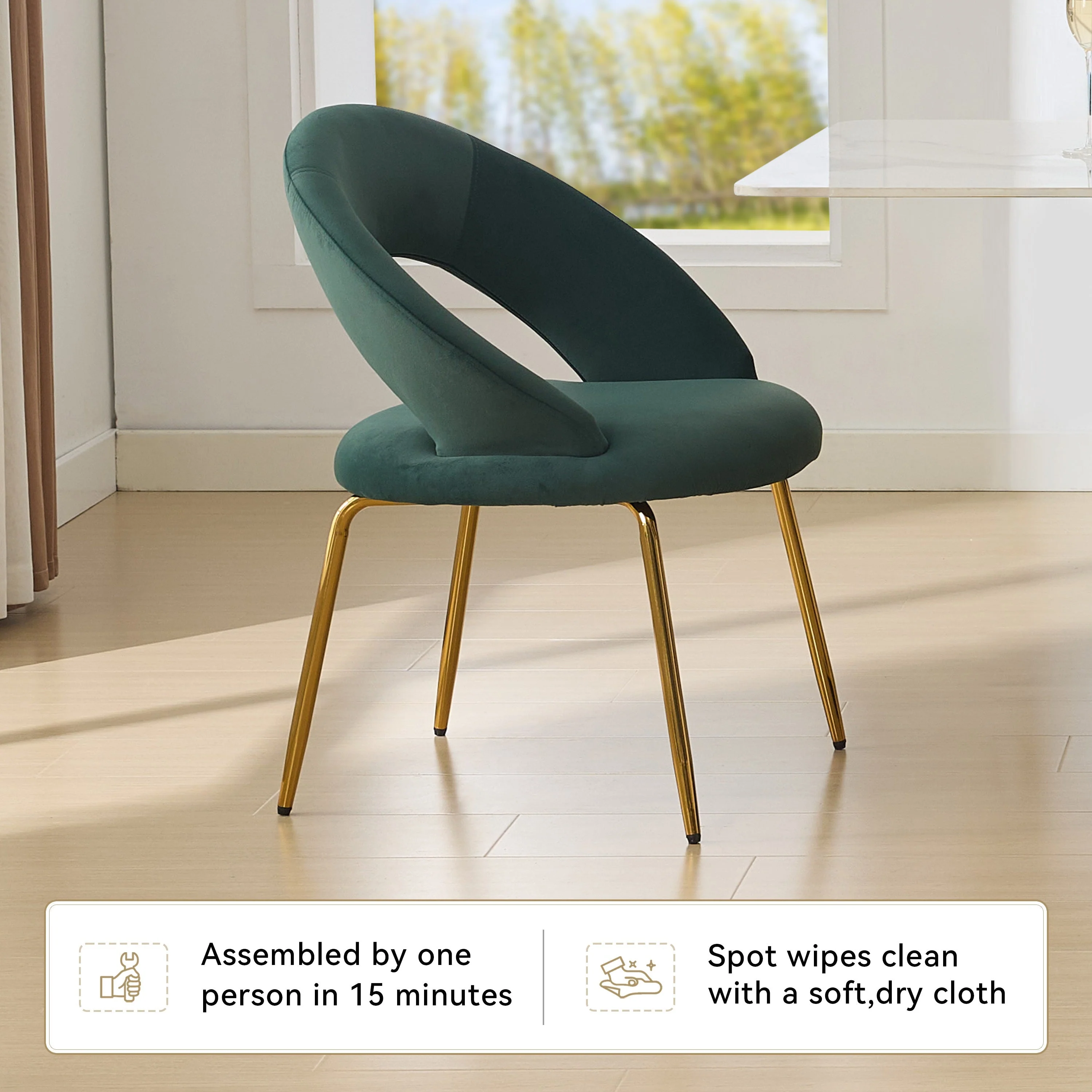 Velvet Fabric Dining Chair with Curved Backrest and Golden Metal Legs - Image 6