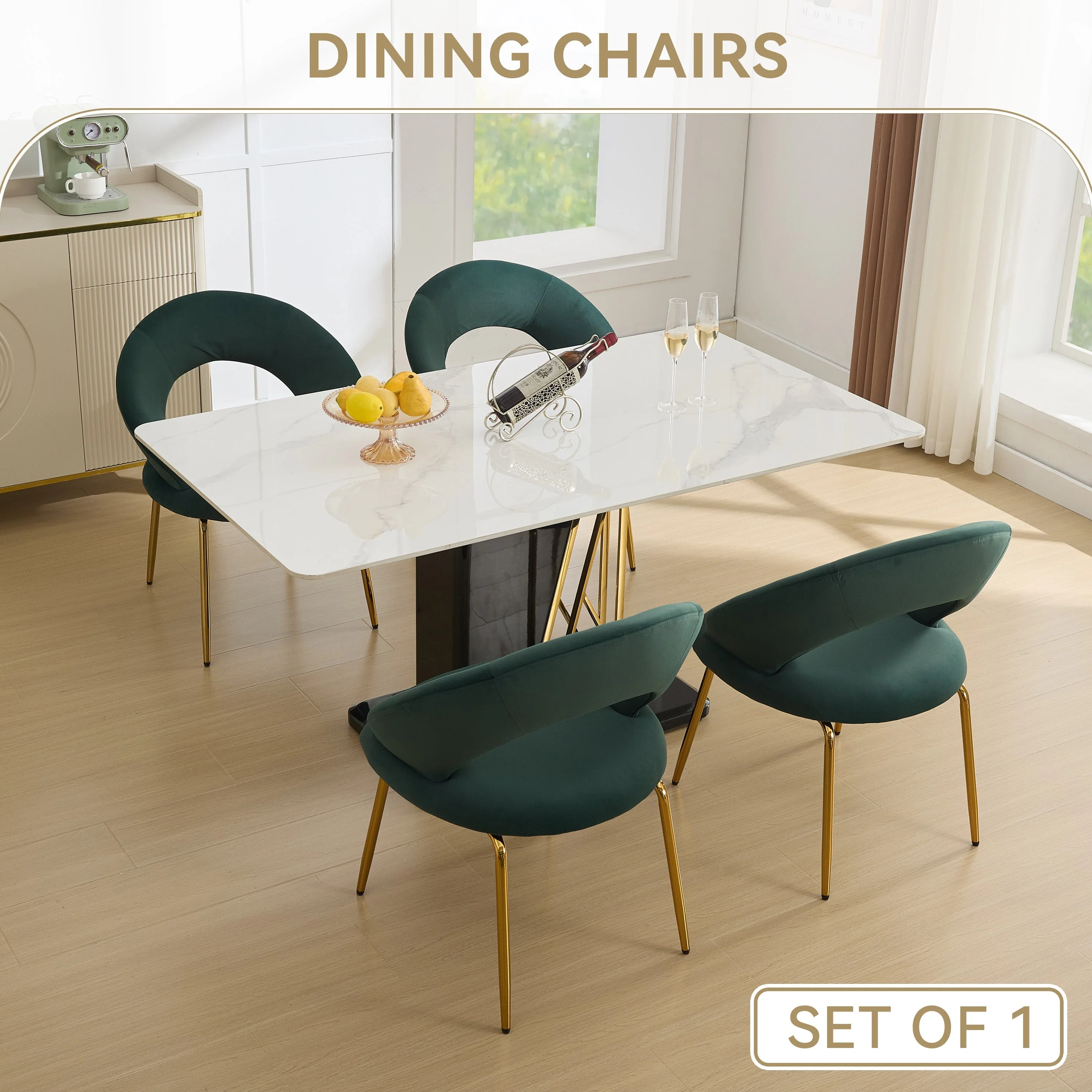Velvet Fabric Dining Chair with Curved Backrest and Golden Metal Legs - Image 7