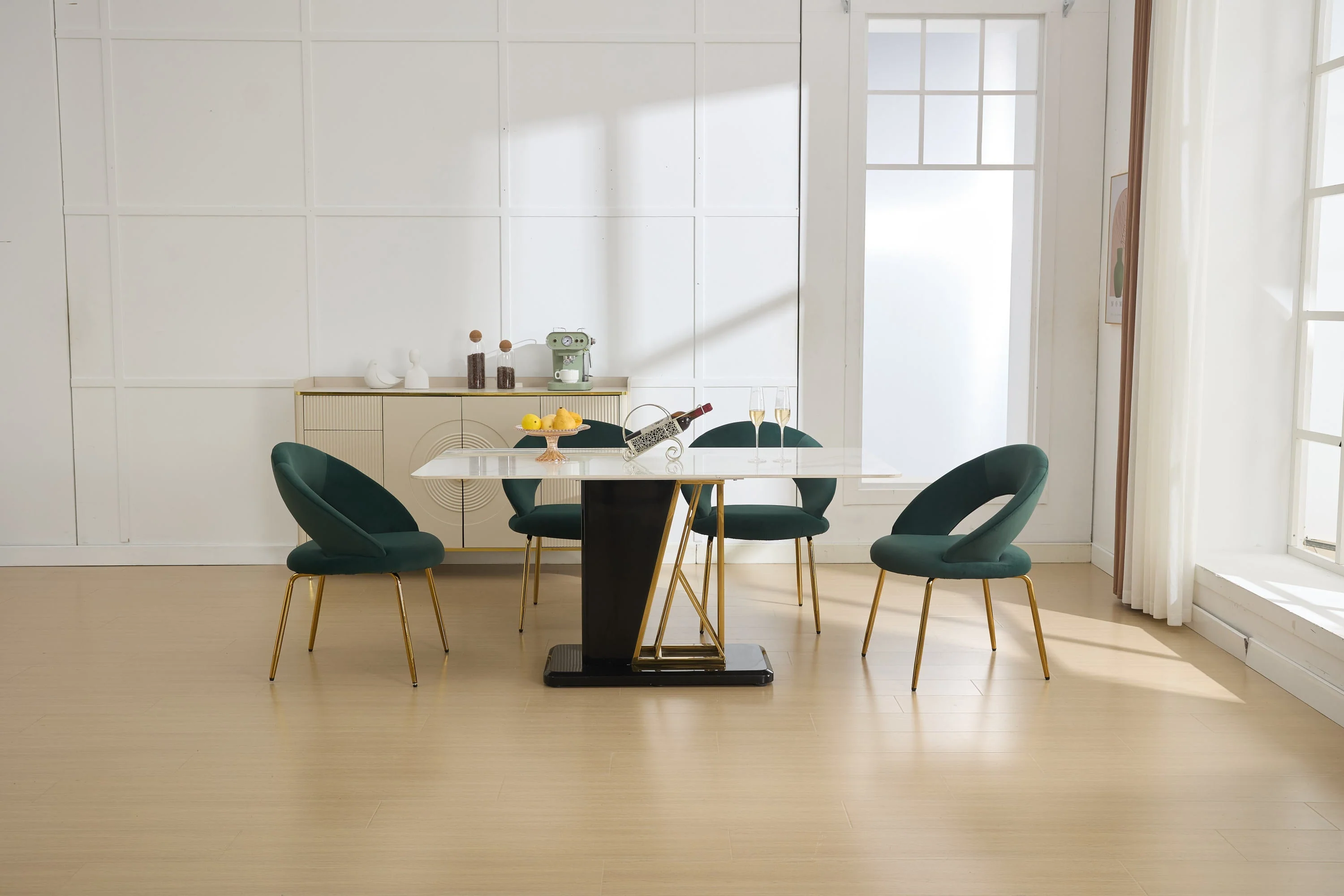 Velvet Fabric Dining Chair with Curved Backrest and Golden Metal Legs - Image 8