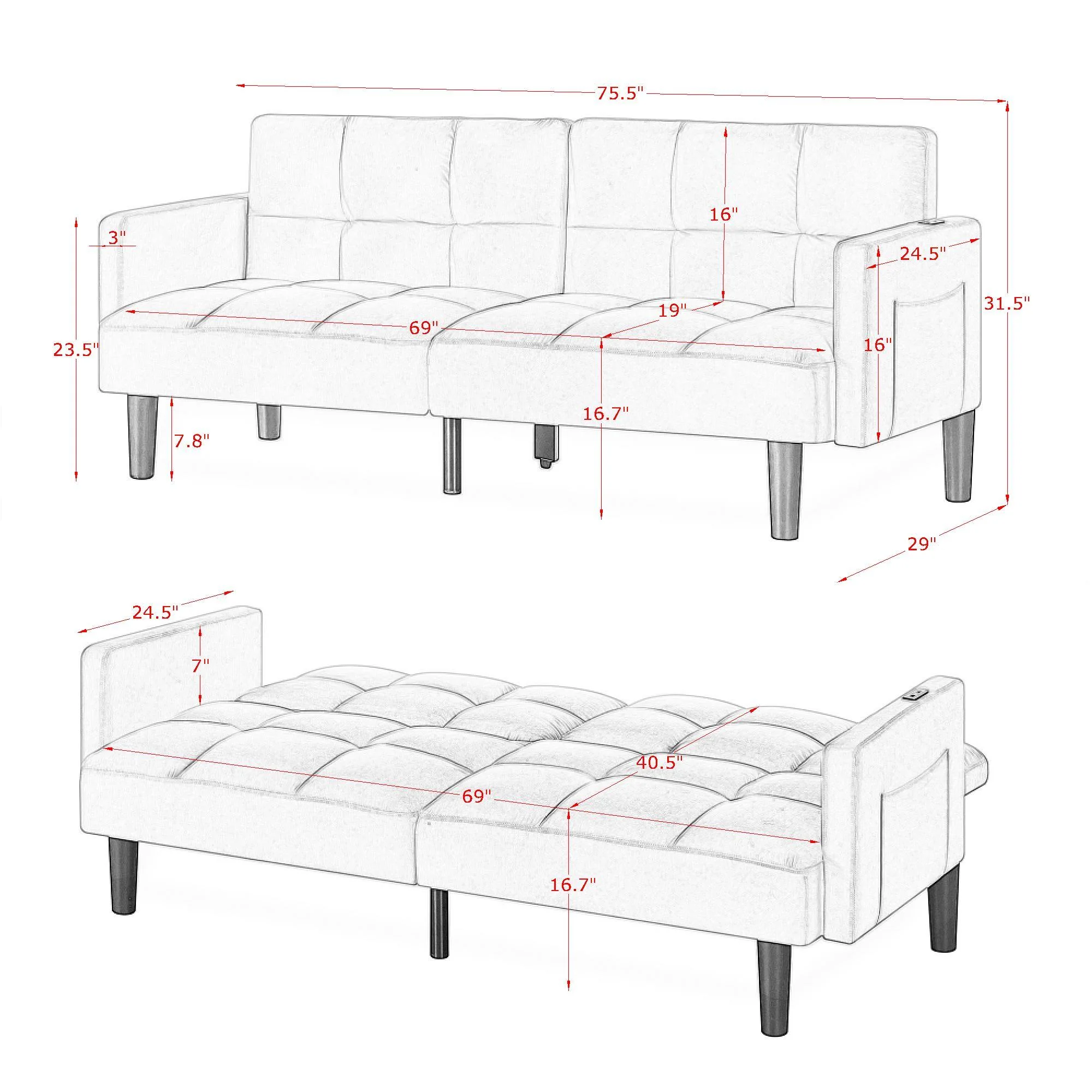 Velvet Futon Couch Convertible Folding Sofa Bed - Image 13