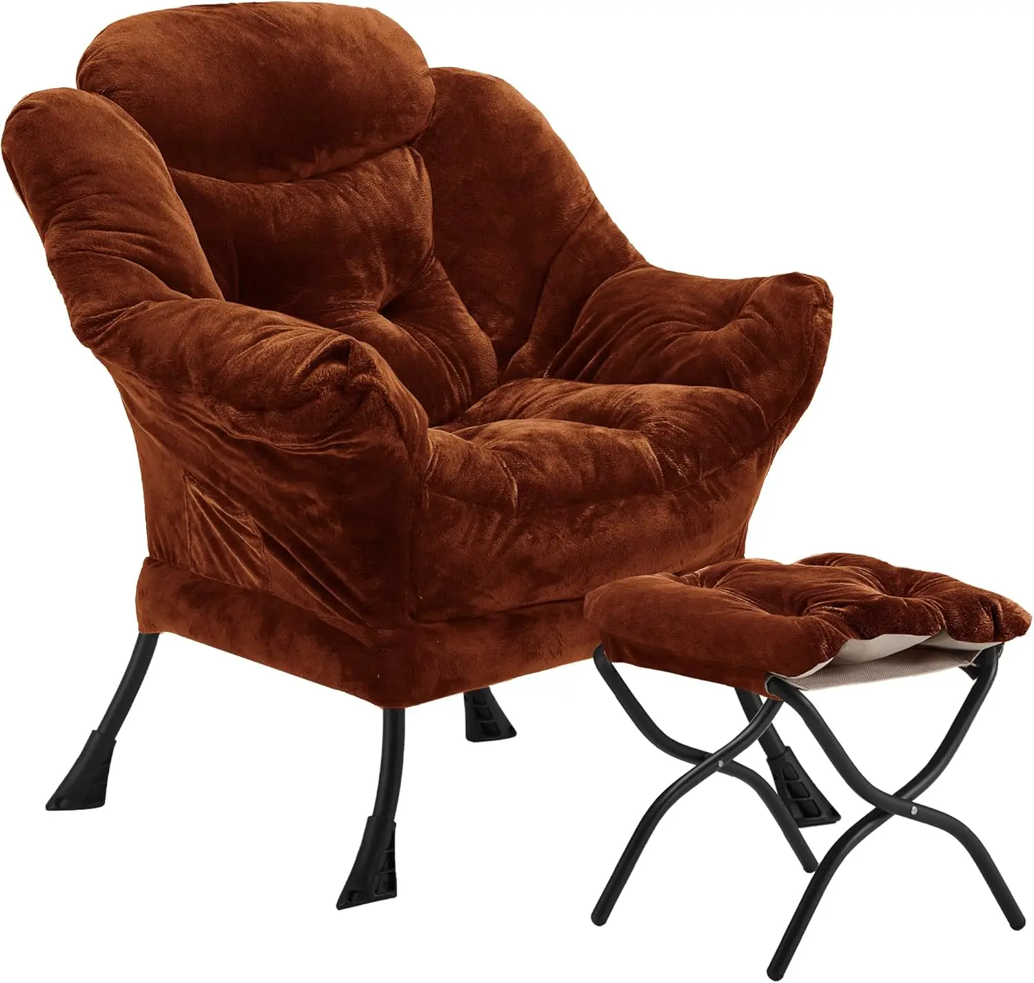 Velvet Lazy Chair with Folding Ottoman Accent Armchair Non-Slip Metal Frame - Image 11
