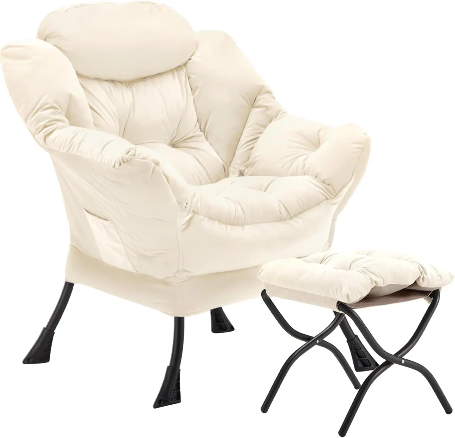 Velvet Lazy Chair with Folding Ottoman Accent Armchair Non-Slip Metal Frame - Image 14
