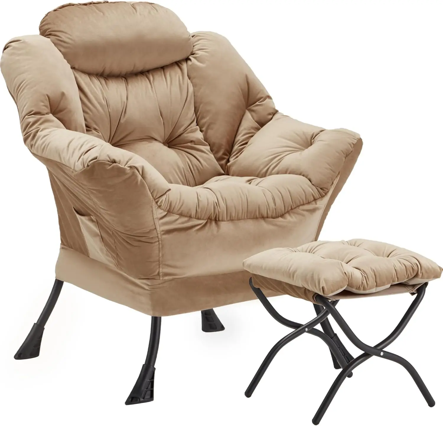 Velvet Lazy Chair with Folding Ottoman Accent Armchair Non-Slip Metal Frame - Image 16