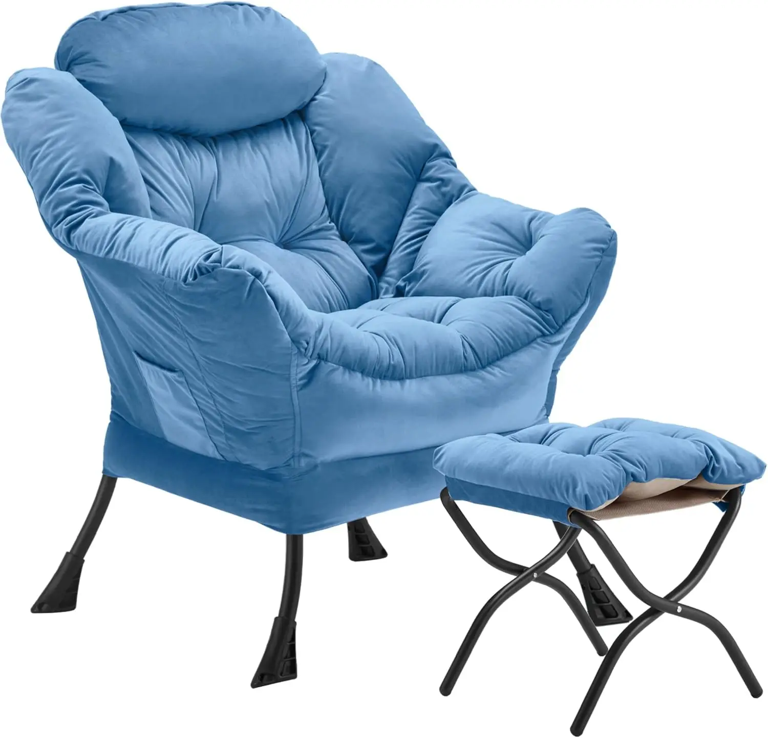 Velvet Lazy Chair with Folding Ottoman Accent Armchair Non-Slip Metal Frame - Image 17