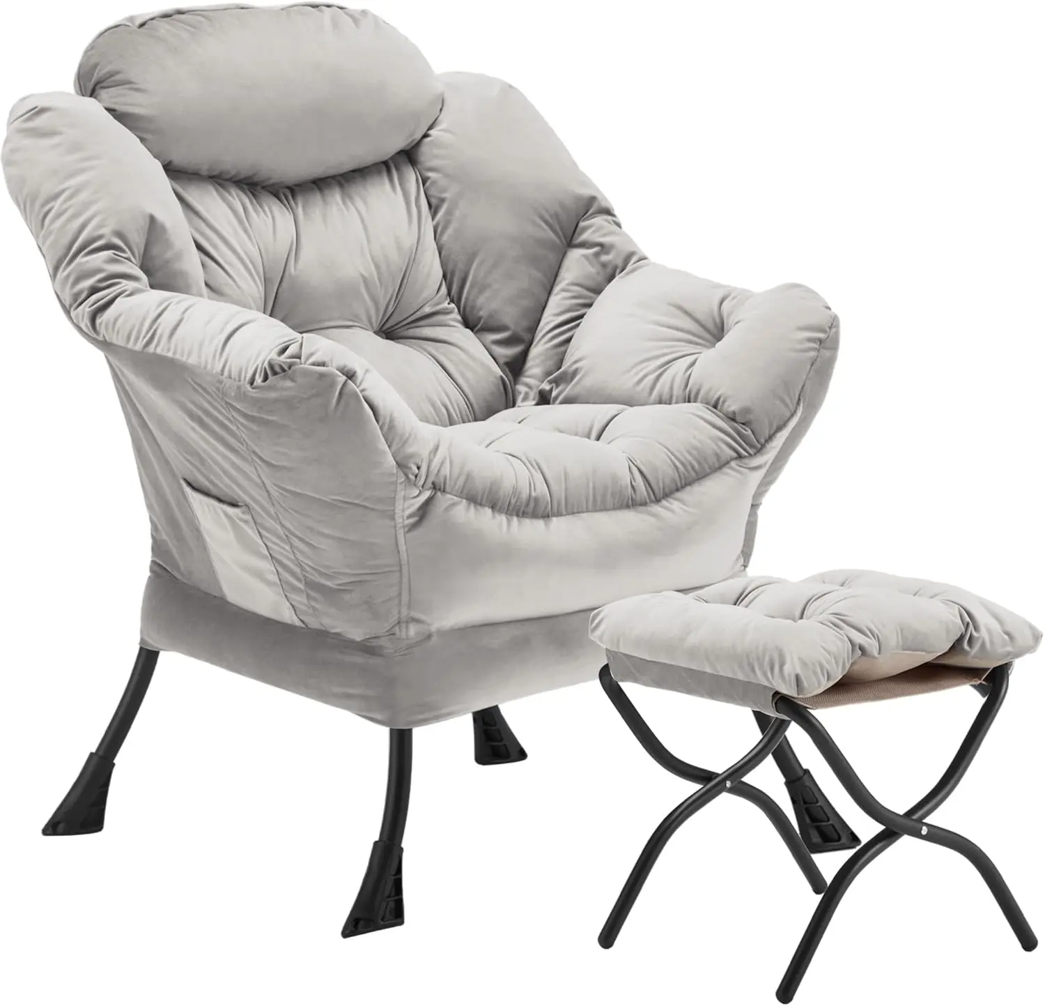 Velvet Lazy Chair with Folding Ottoman Accent Armchair Non-Slip Metal Frame - Image 18
