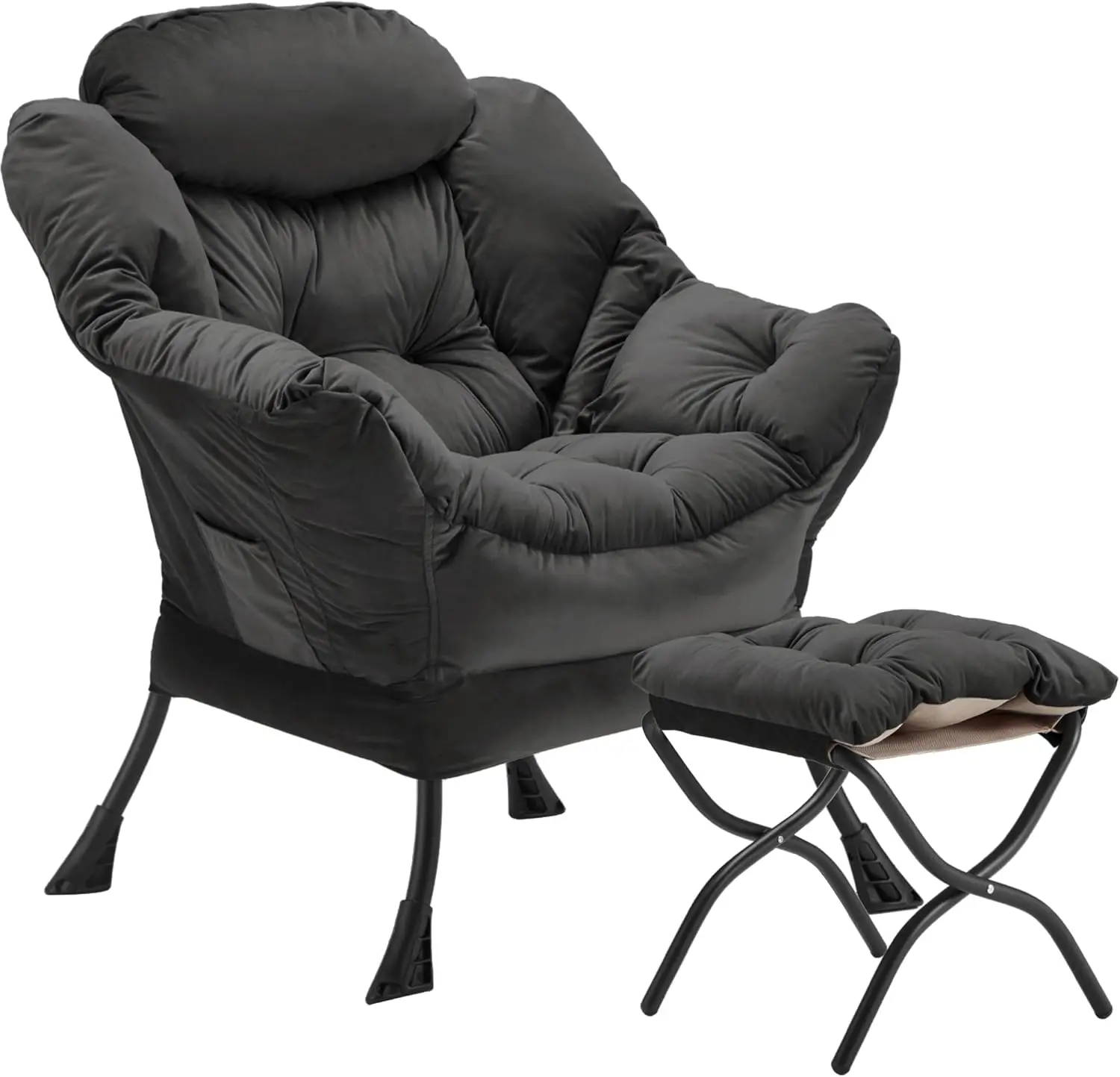 Velvet Lazy Chair with Folding Ottoman Accent Armchair Non-Slip Metal Frame - Image 20