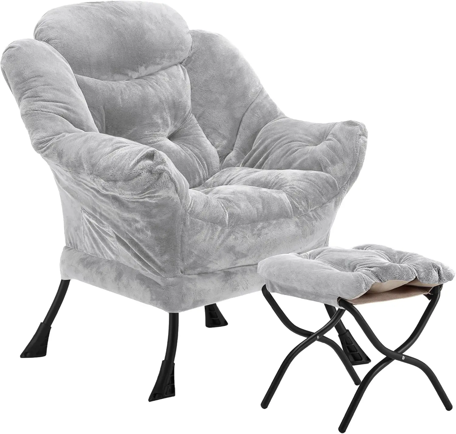 Velvet Lazy Chair with Folding Ottoman Accent Armchair Non-Slip Metal Frame - Image 21