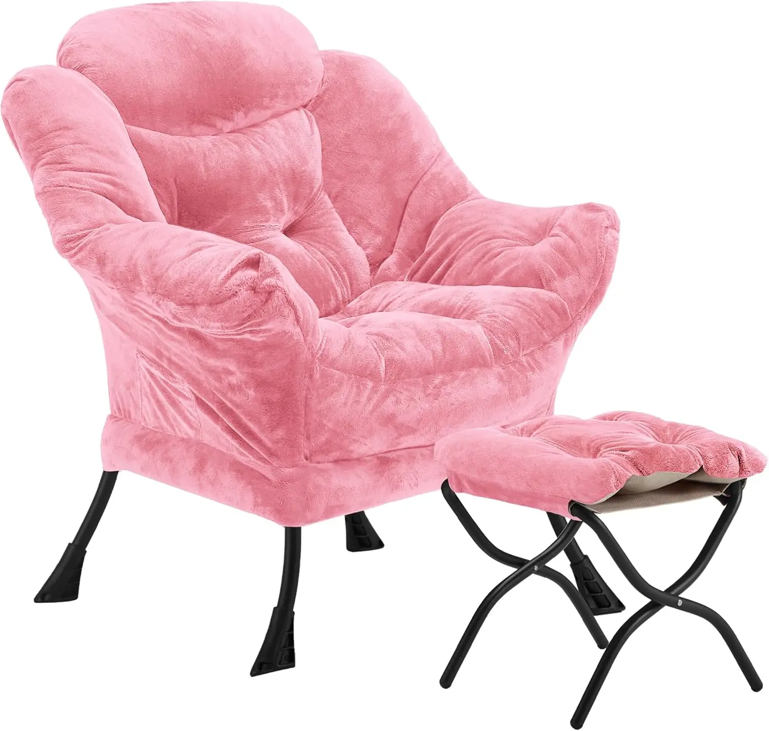 Velvet Lazy Chair with Folding Ottoman Accent Armchair Non-Slip Metal Frame - Image 22