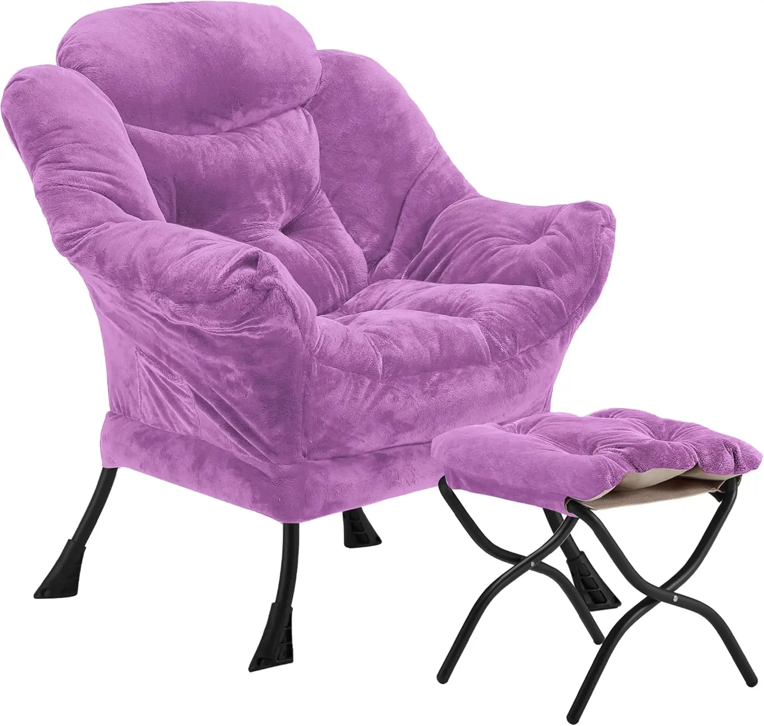 Velvet Lazy Chair with Folding Ottoman Accent Armchair Non-Slip Metal Frame - Image 23