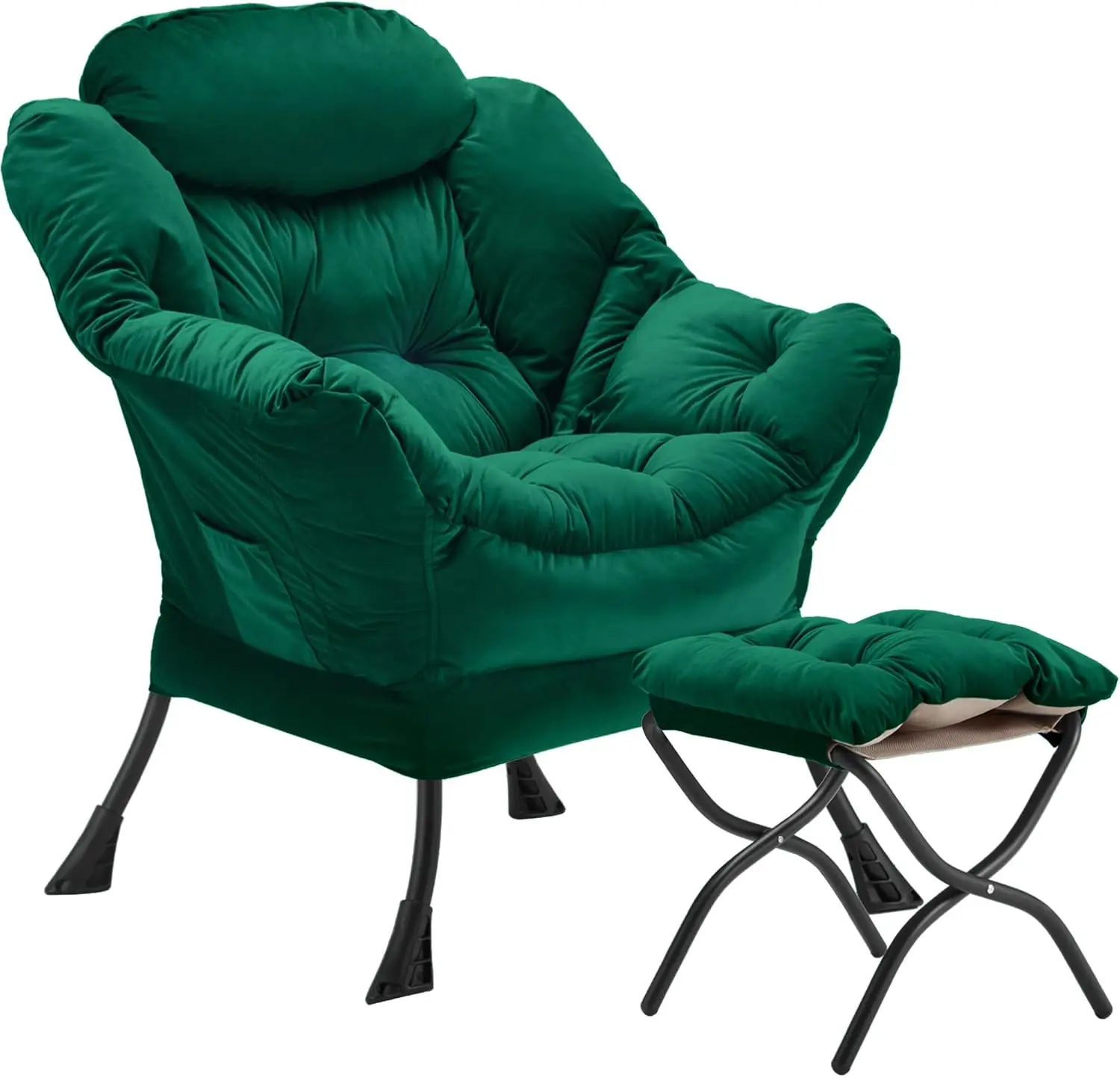 Velvet Lazy Chair with Folding Ottoman Accent Armchair Non-Slip Metal Frame - Image 24