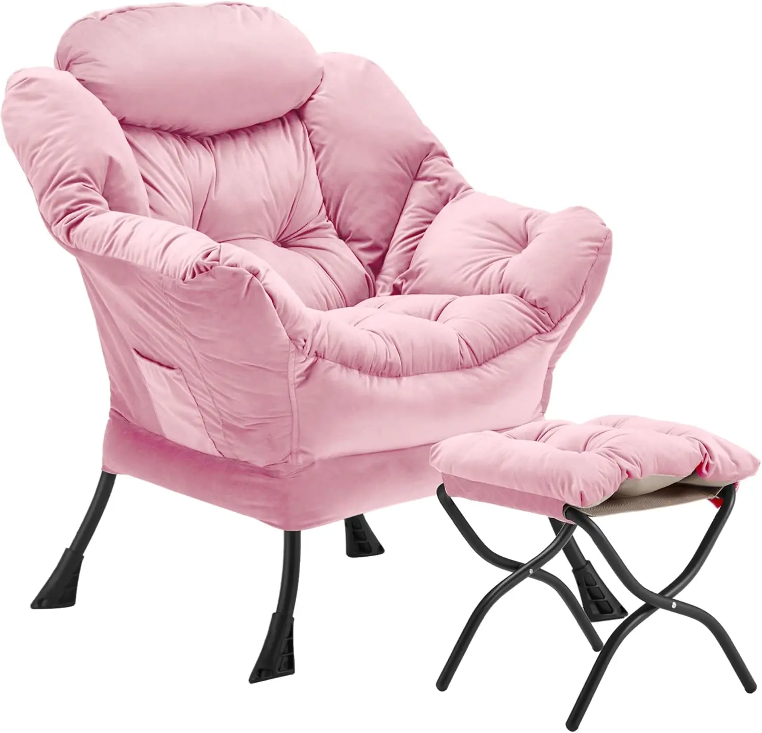 Velvet Lazy Chair with Folding Ottoman Accent Armchair Non-Slip Metal Frame - Image 25