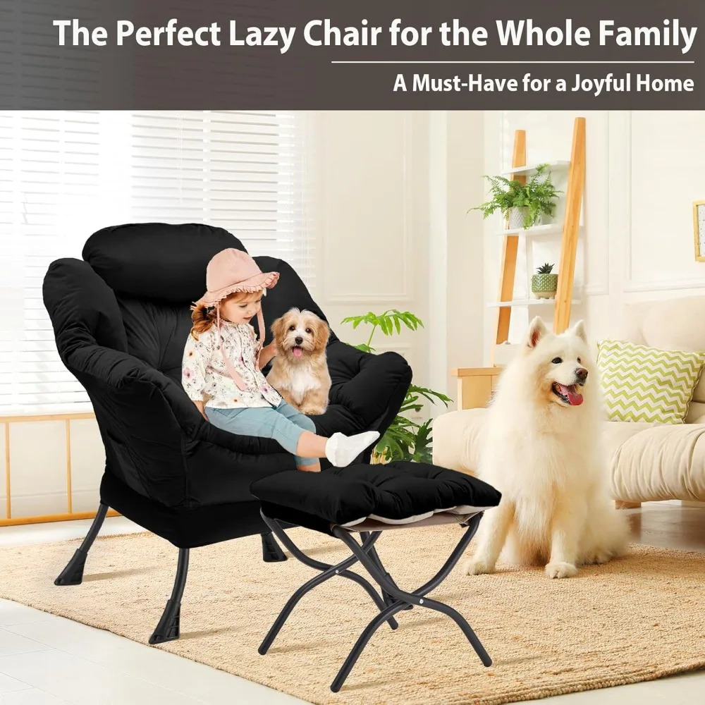 Velvet Lazy Chair with Folding Ottoman Accent Armchair Non-Slip Metal Frame - Image 4