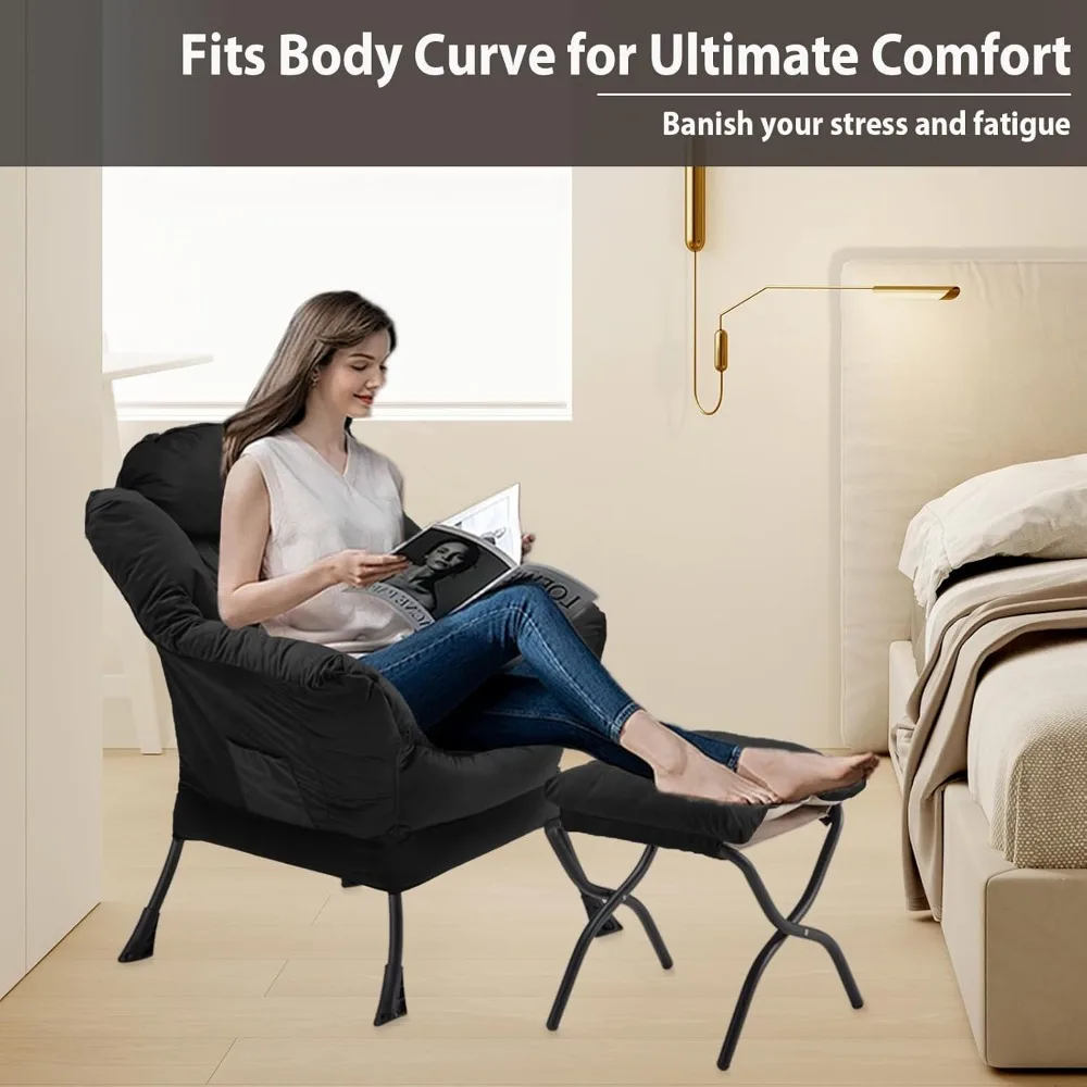 Velvet Lazy Chair with Folding Ottoman Accent Armchair Non-Slip Metal Frame - Image 5