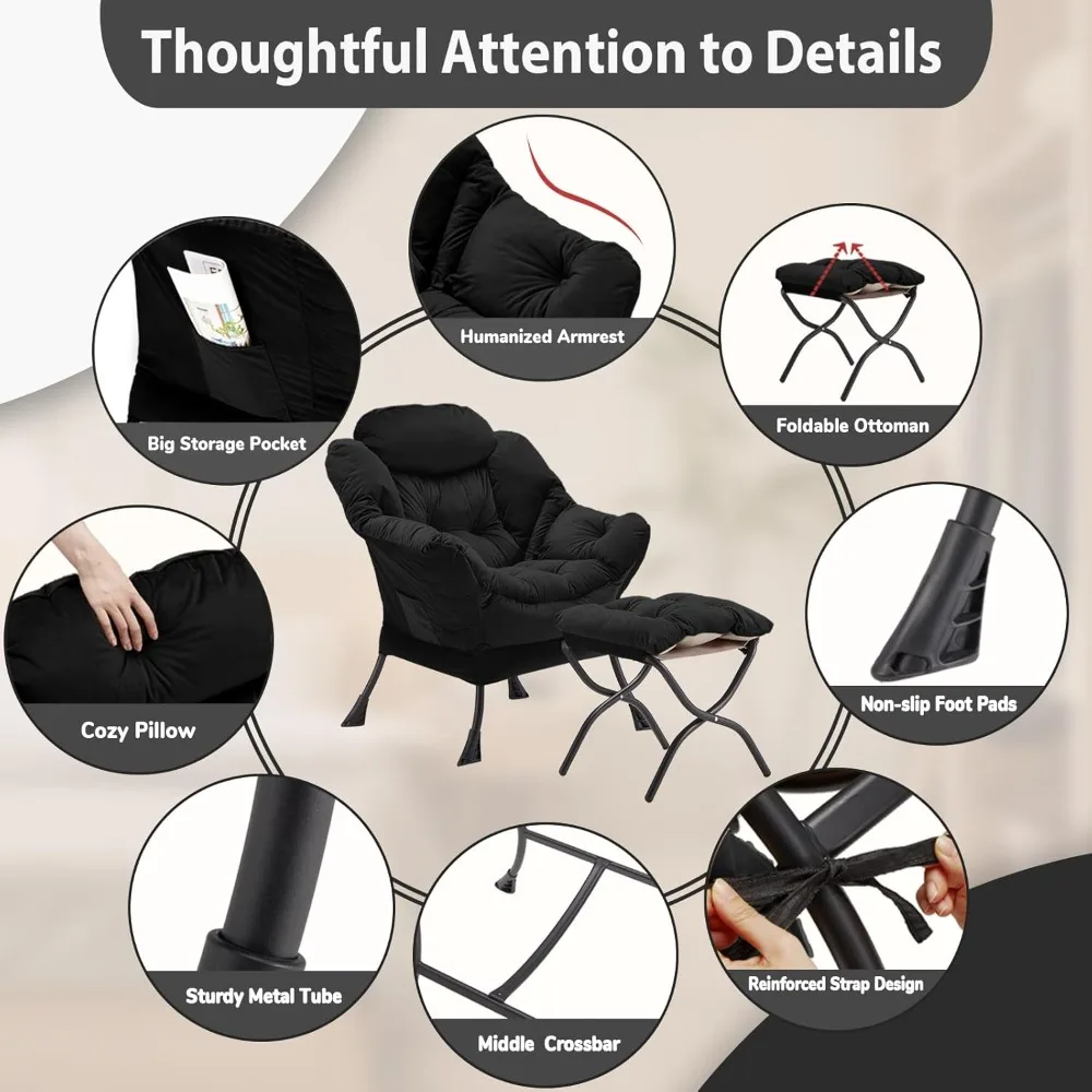 Velvet Lazy Chair with Folding Ottoman Accent Armchair Non-Slip Metal Frame - Image 6