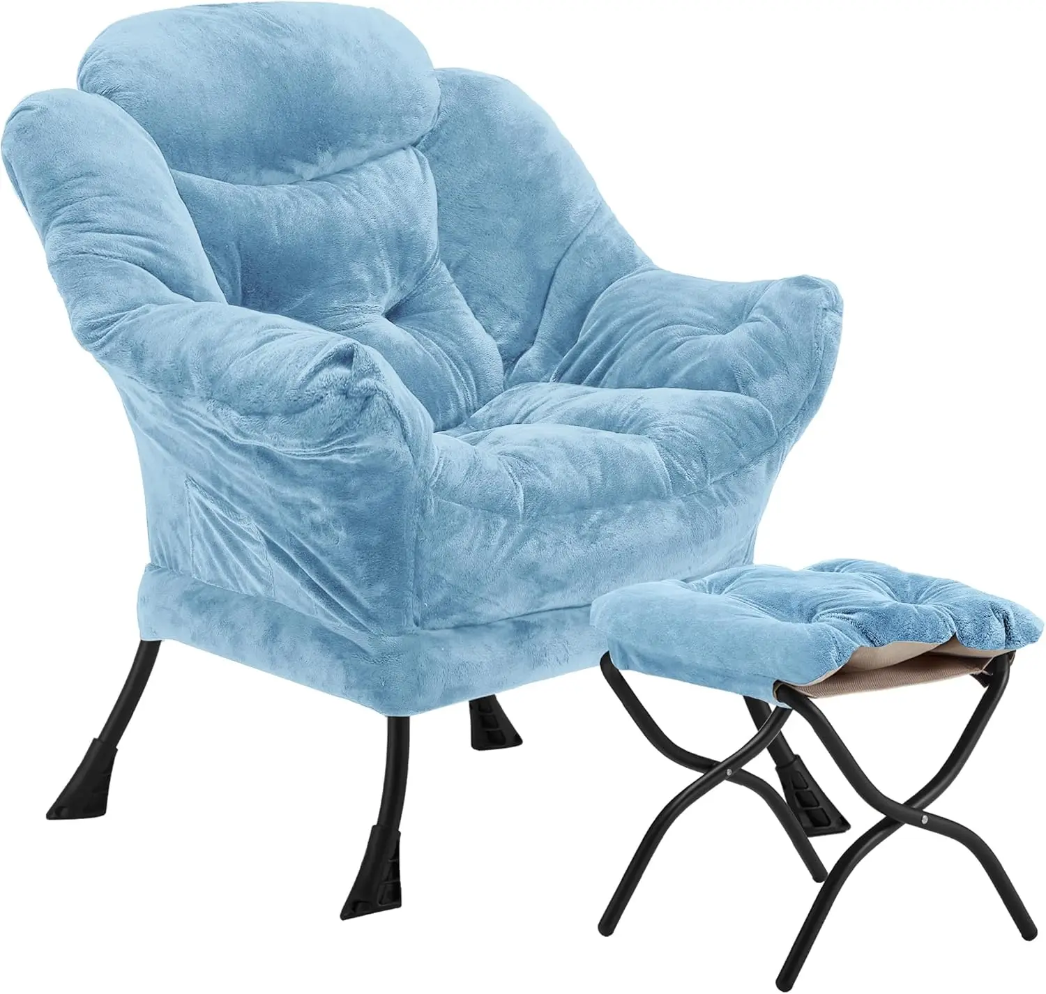 Velvet Lazy Chair with Folding Ottoman Accent Armchair Non-Slip Metal Frame - Image 7