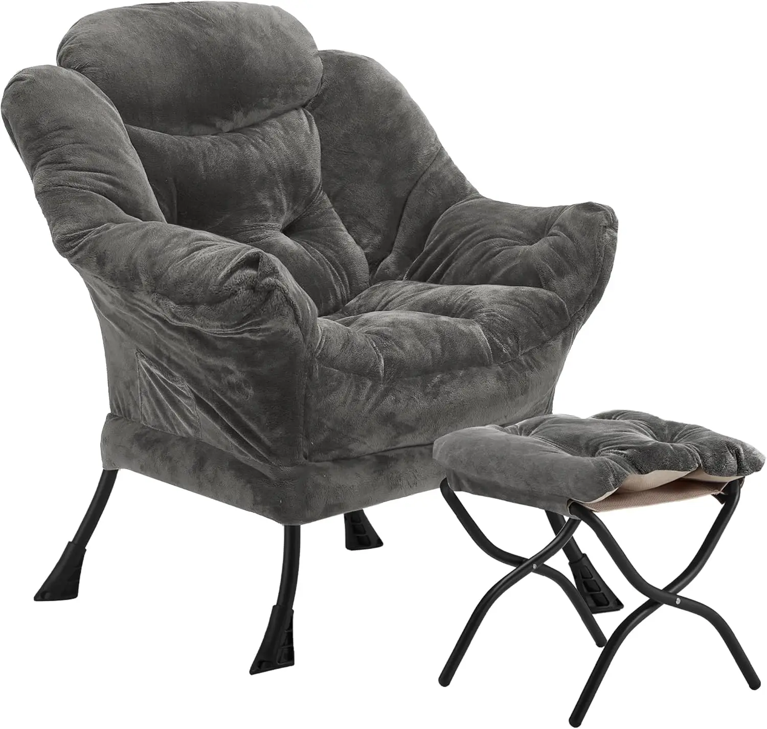Velvet Lazy Chair with Folding Ottoman Accent Armchair Non-Slip Metal Frame - Image 8