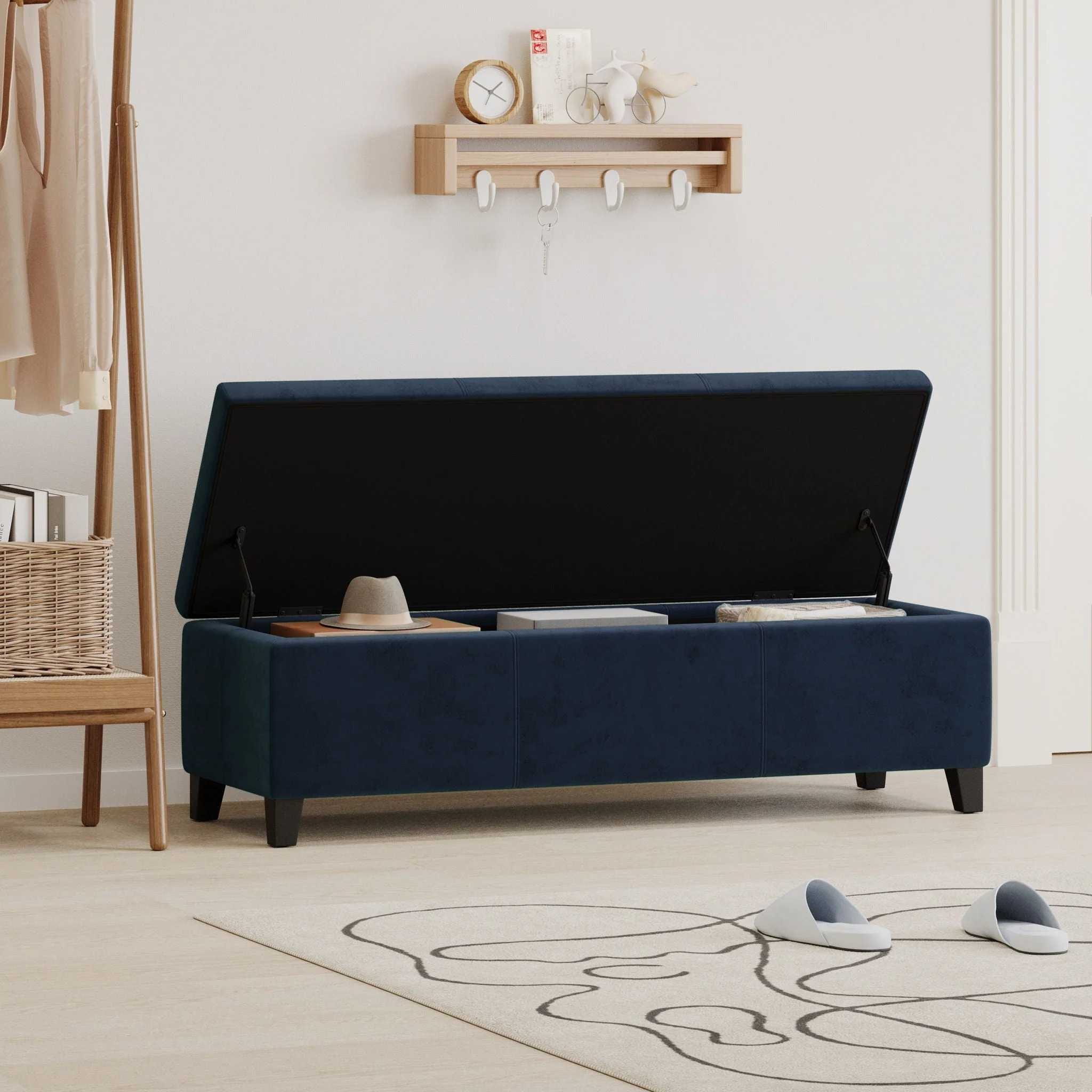 Velvet Storage Bench, Upholstered End Of Bed Storage Ottoman - Dark Blue - Image 2