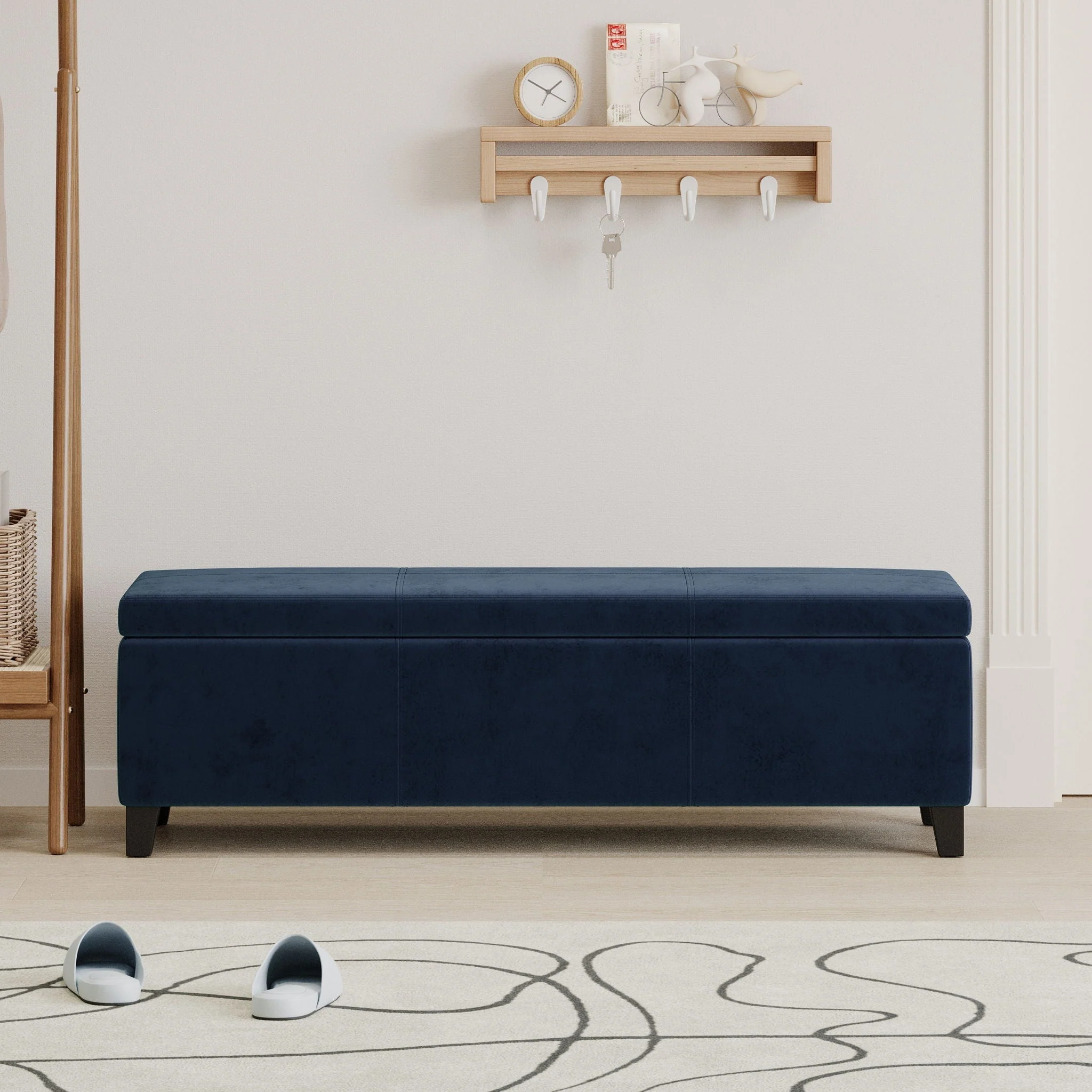Velvet Storage Bench, Upholstered End Of Bed Storage Ottoman - Dark Blue - Image 3
