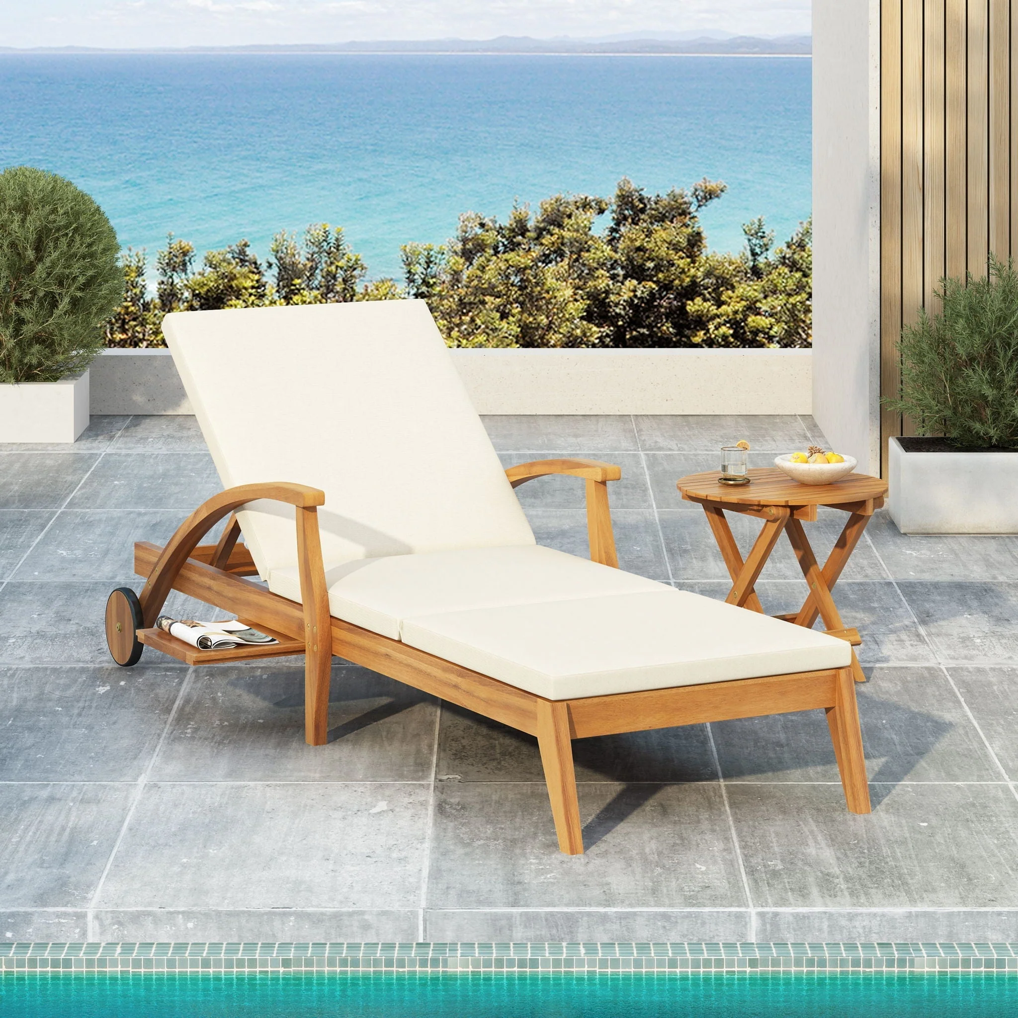 Versatile Chaise Lounge With Wheels Acacia Wood Recliner For Patio - Cream - Image 2