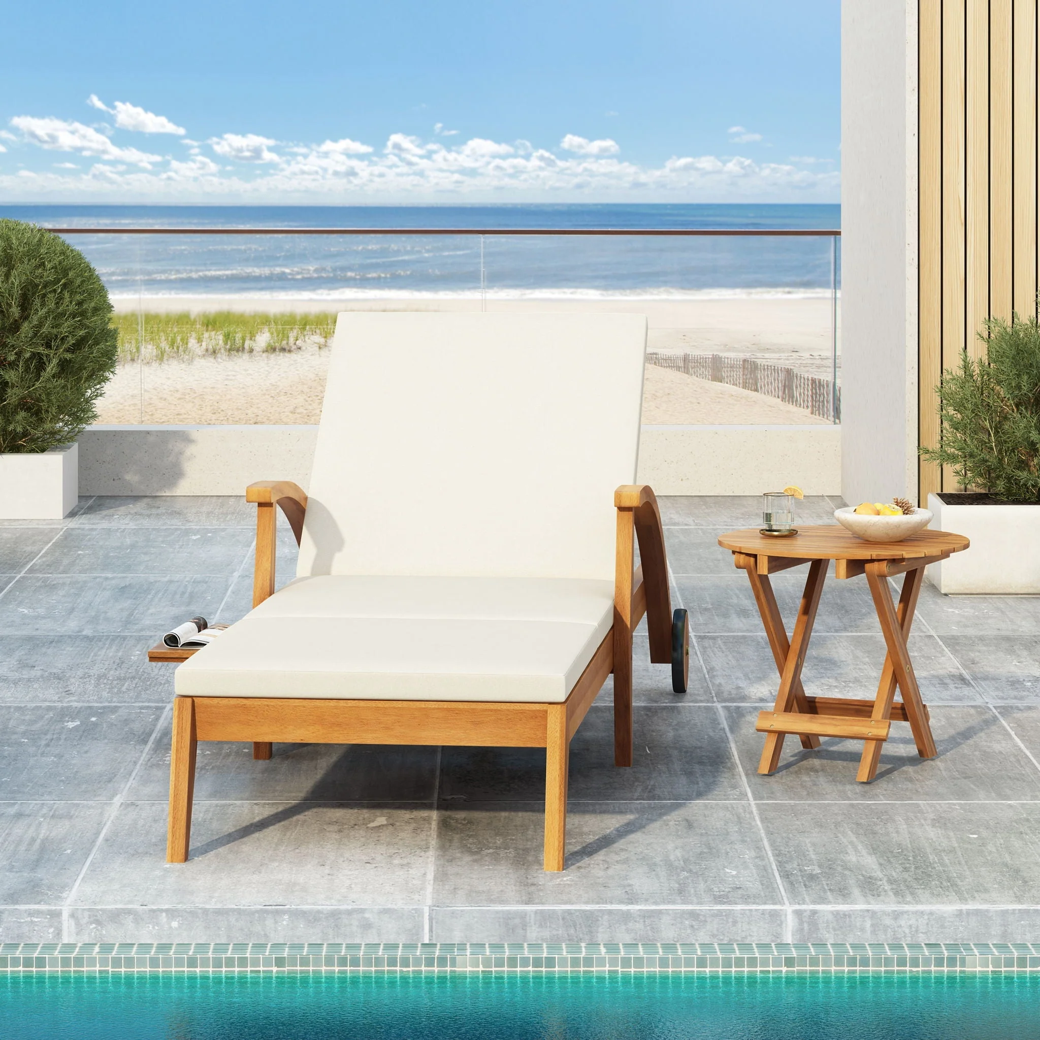 Versatile Chaise Lounge With Wheels Acacia Wood Recliner For Patio - Cream - Image 3