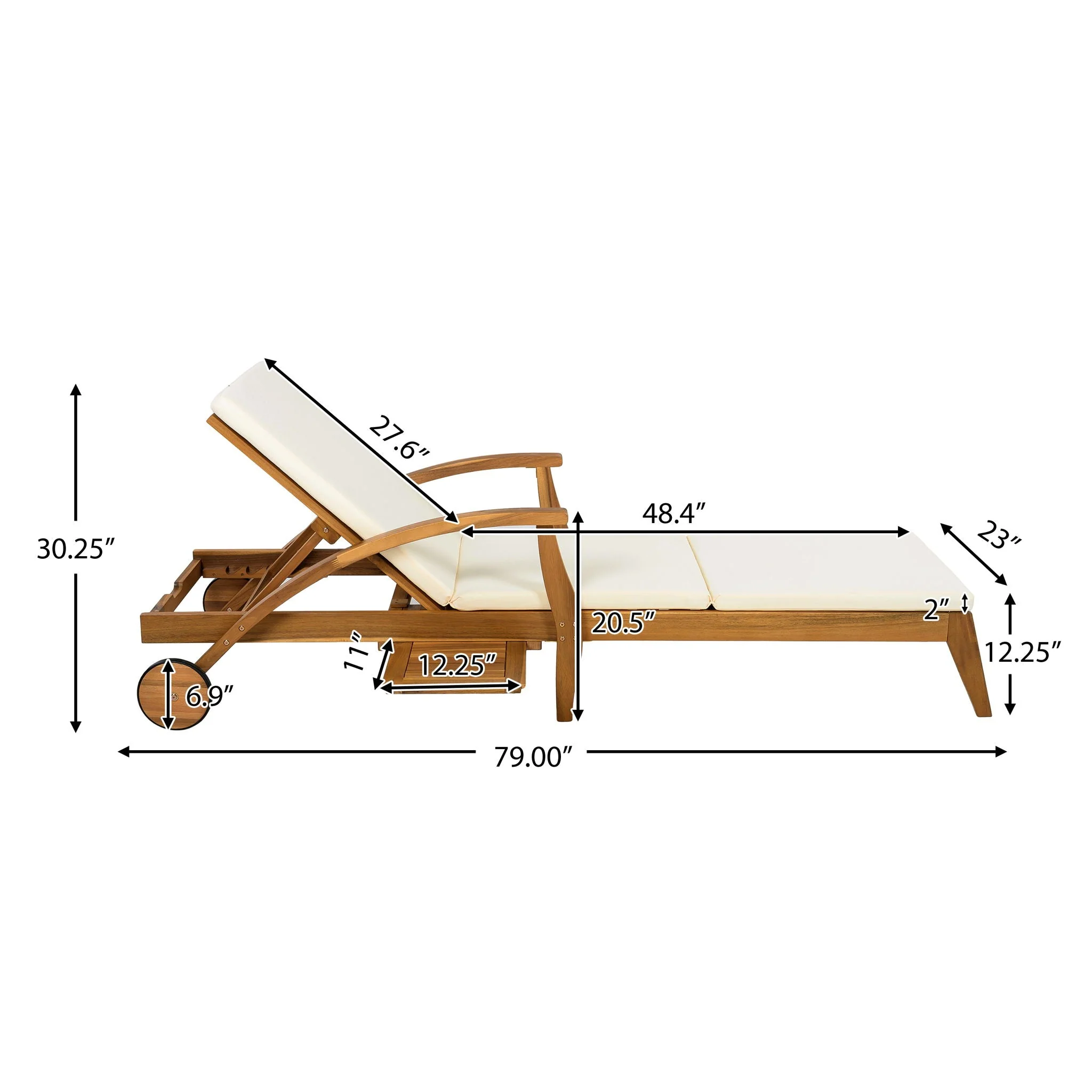 Versatile Chaise Lounge With Wheels Acacia Wood Recliner For Patio - Cream - Image 4