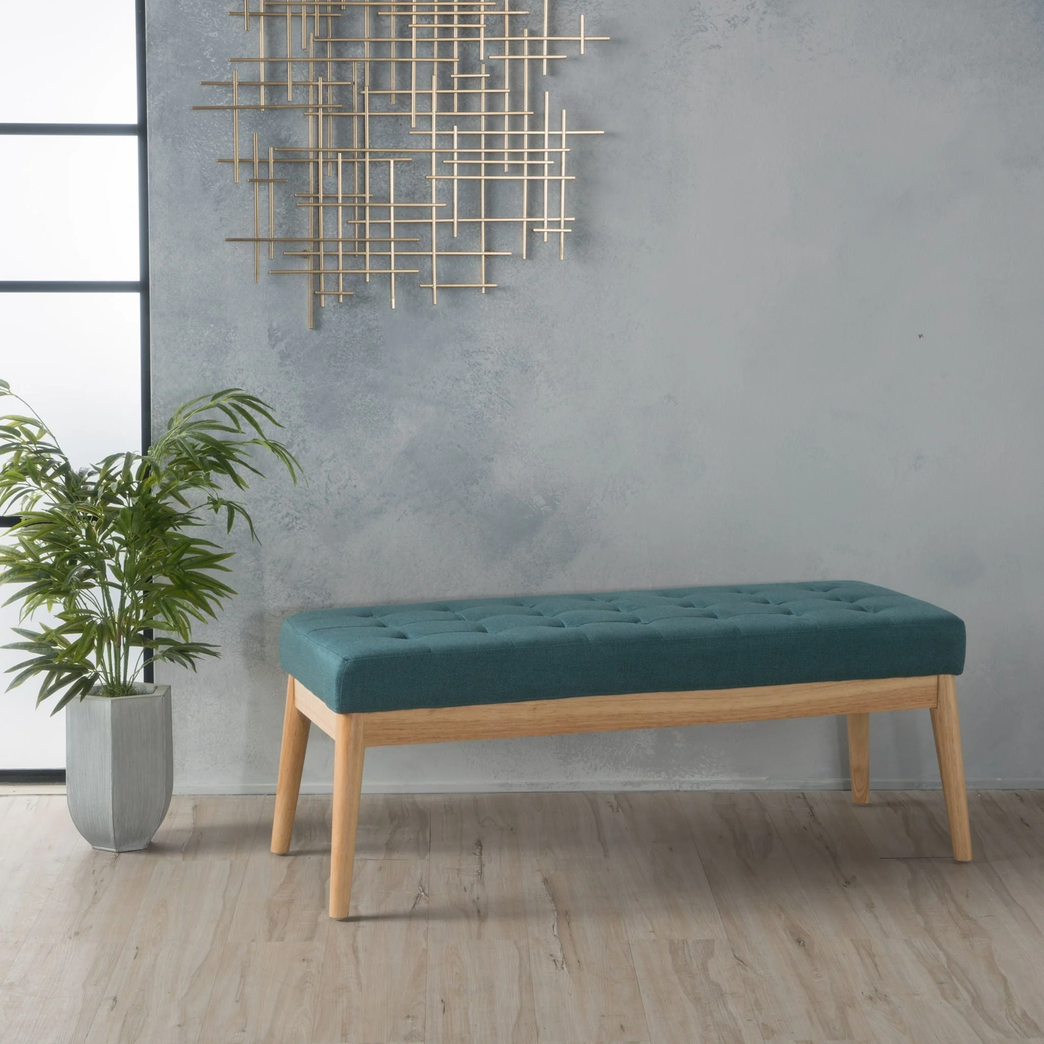 Vibratory Button Tufted Upholstered Ottoman With Splayed Wooden Legs - Teal / Natural - Image 2