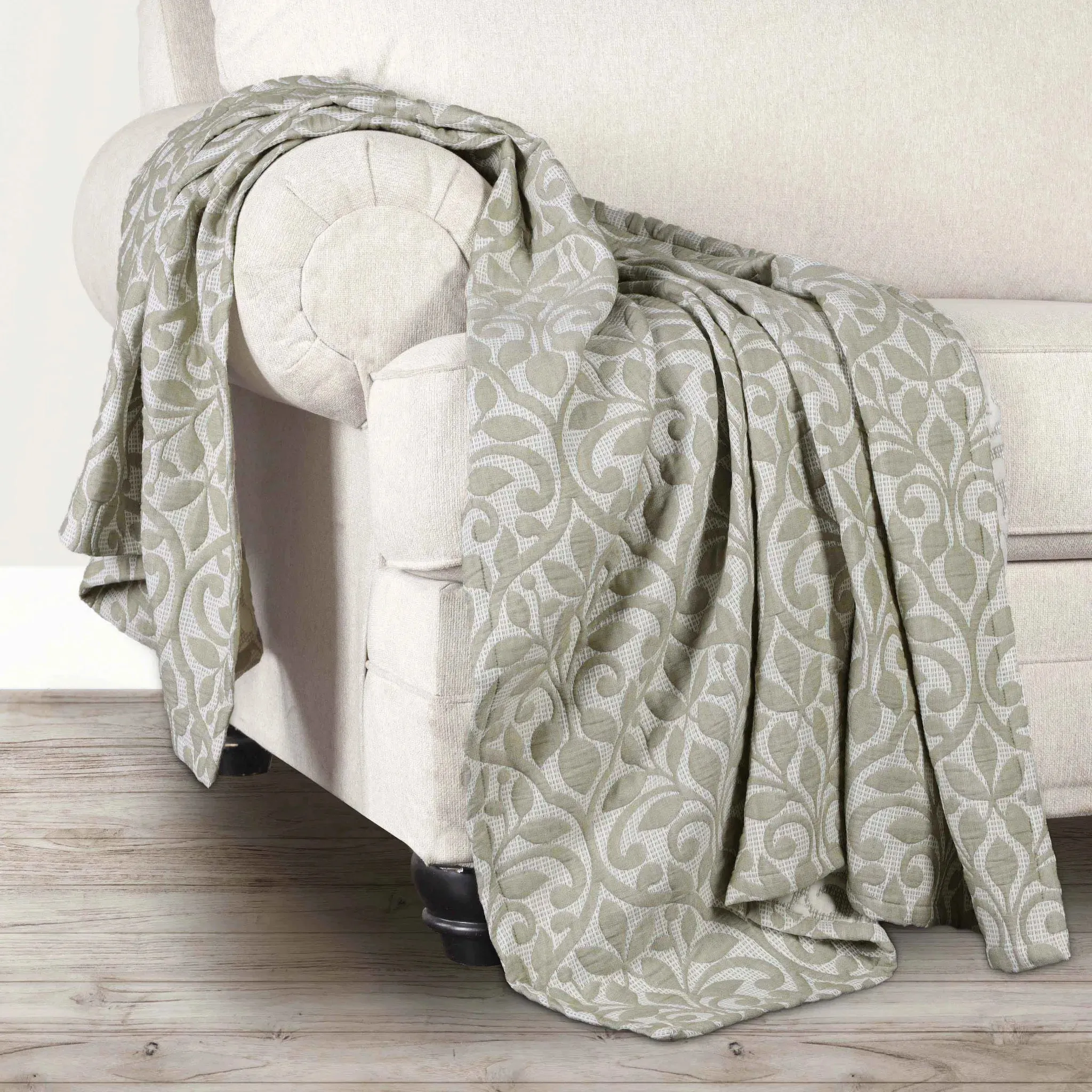 Vineyard Cotton Blend Medium Weight Matelasse Floral Scroll Coverlet - Image 3