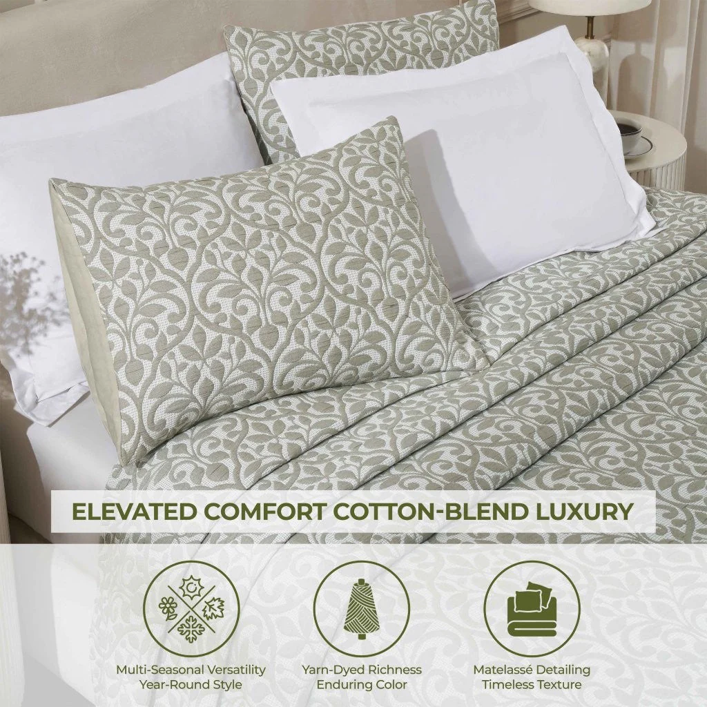 Vineyard Cotton Blend Medium Weight Matelasse Floral Scroll Coverlet - Image 9