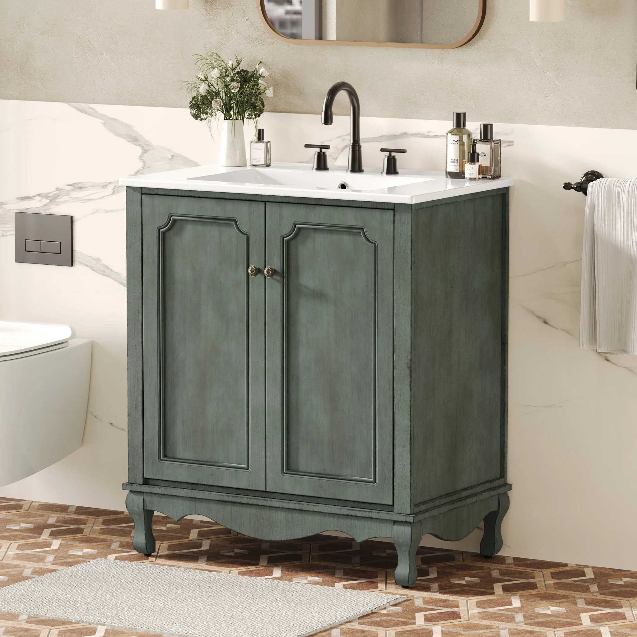Vintage Bathroom Vanity With Ceramic Sink, Adjustable Shelves - Image 4